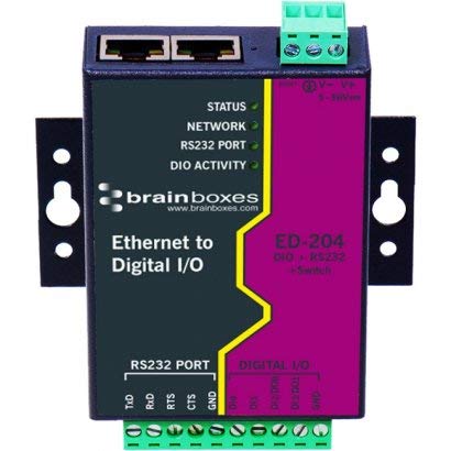 Brainboxes ED-204 Ethernet to 4 Digital IO & RS232 Serial Port Device Server with Ethernet Switch - 1M Baud Rate for Industrial Automation, PLC Control, and Network Connectivity Solutions