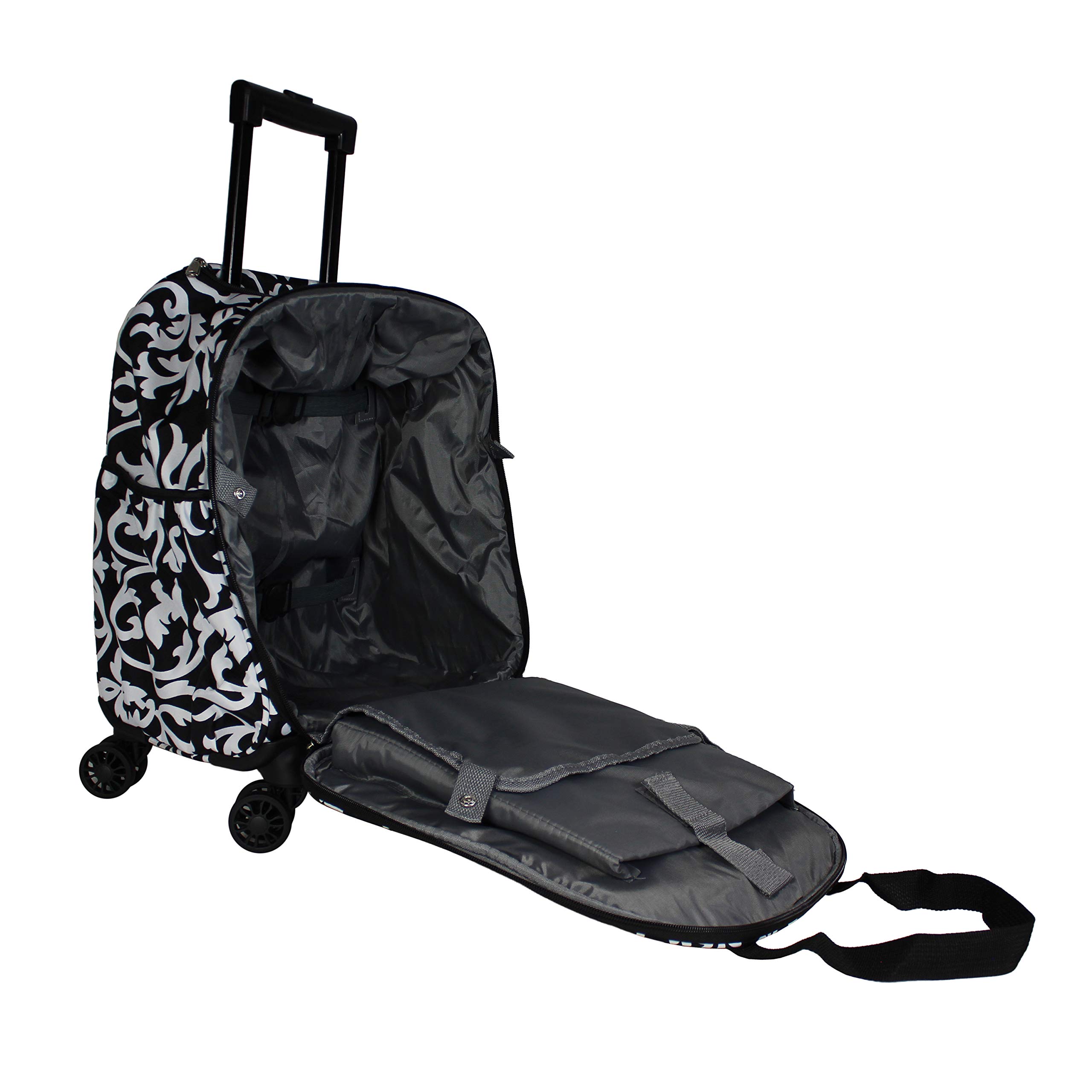 World Traveler 18-Inch Lightweight Spinner Carry-On Luggage - Stylish Prints, Compact & Durable Black Trim Damask Suitcase for Air Travel, Business Trips & Weekend Getaways