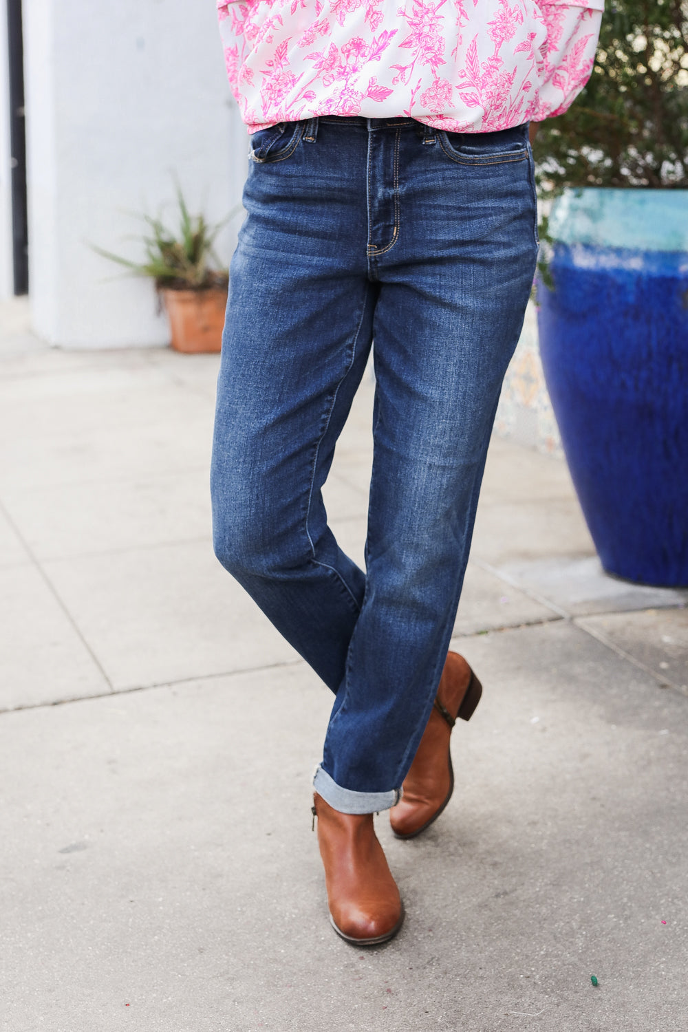 Judy Blue Mid Rise Cuffed Boyfriend Straight Leg Jeans for Women - Comfortable Stretch Denim Pants, Casual Everyday Wear, Perfect for Work & Weekend Outfits