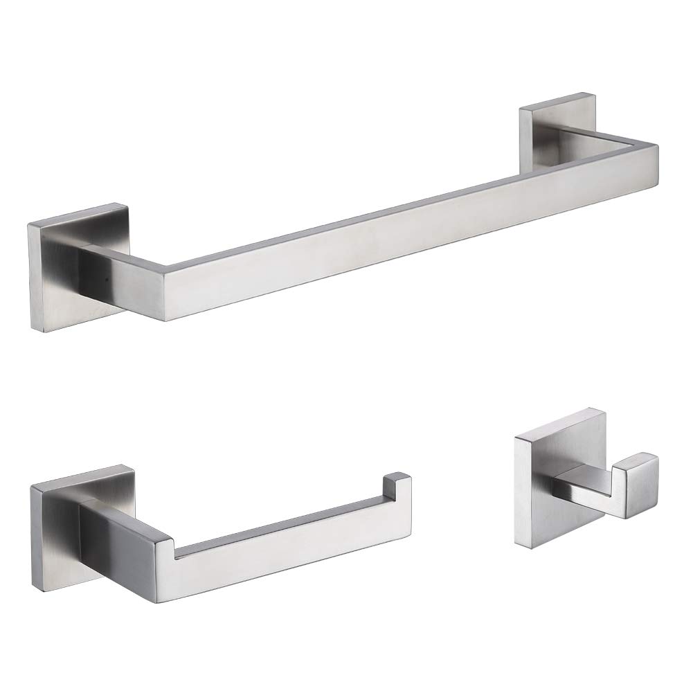 TASTOS 3-Piece Brushed Nickel Bathroom Hardware Set - Premium Stainless Steel Wall Mounted Robe Hook, Toilet Paper Holder & 16-Inch Towel Bar (Silver) - Perfect for Modern Bathrooms, Powder Rooms & Spa-Style Decor