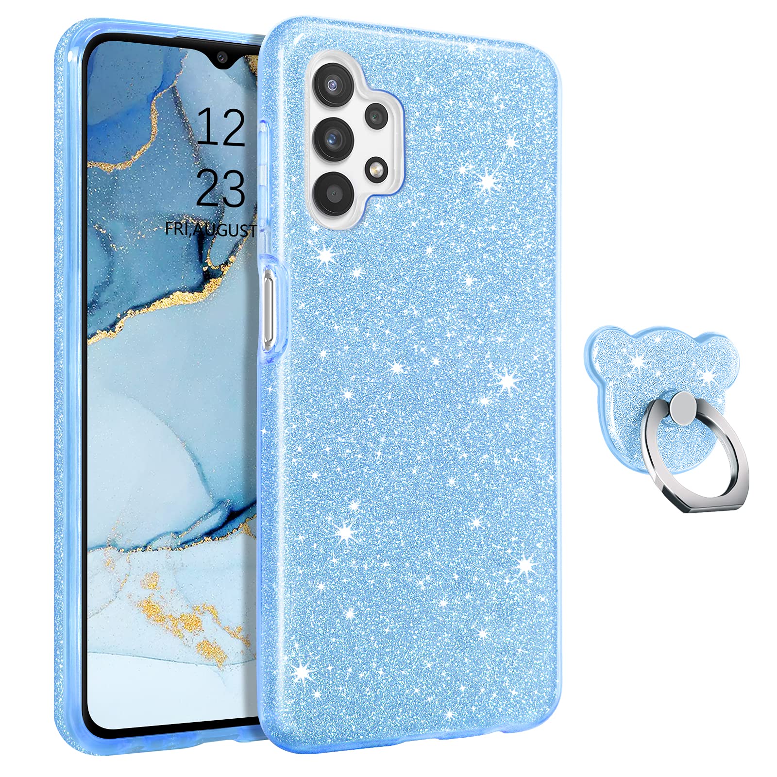 Sparkly Glitter Samsung Galaxy A32 5G Case - Shockproof Protective Hybrid Cover with Finger Ring & Kickstand for Women | Perfect for Daily Use, Work & Travel (Blue)