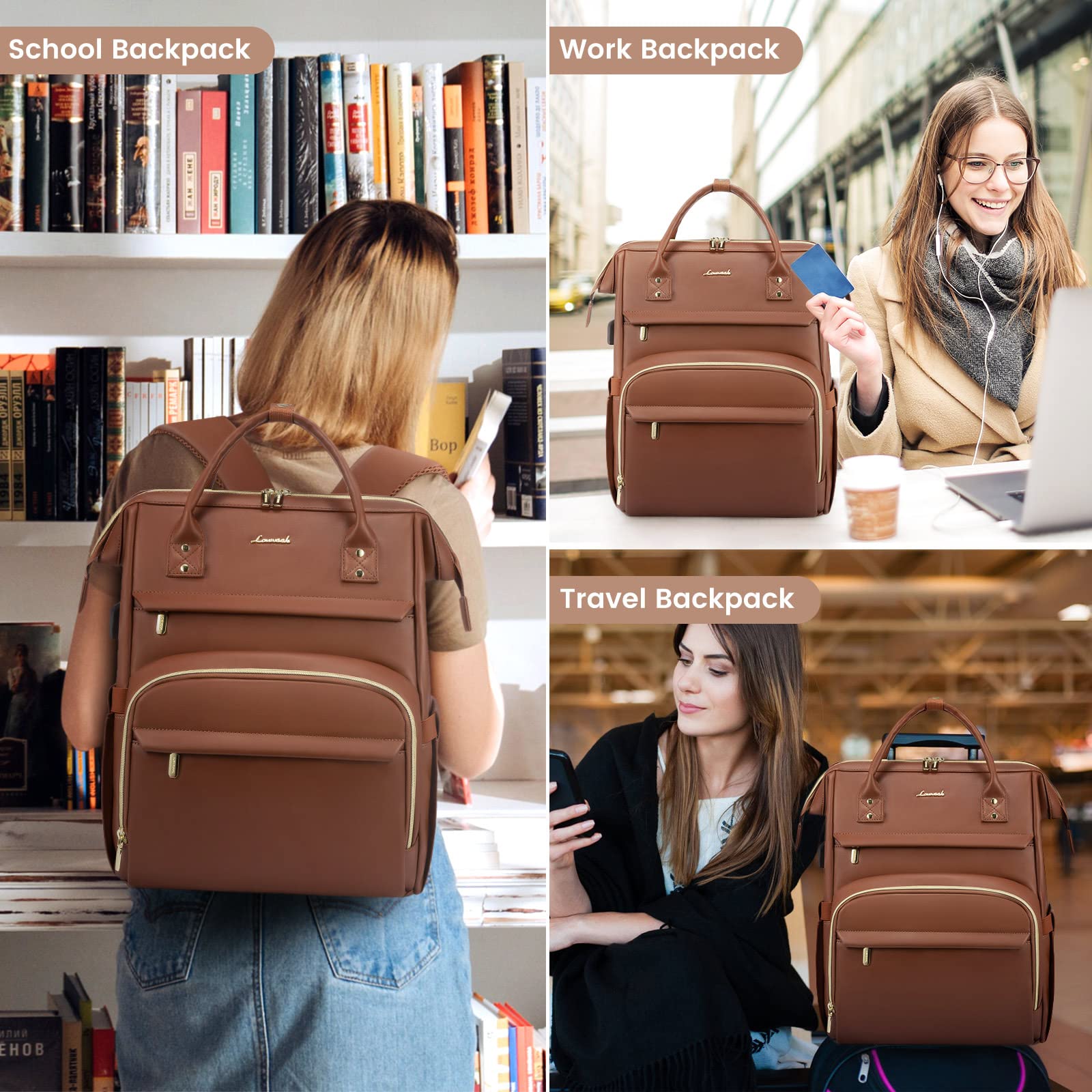 LOVEVOOK 18 Inch Leather Laptop Backpack for Women, Stylish Travel Backpack Purse for Nurse, Teacher, College, Business Professionals with USB Port, Brown - Perfect for Work, School, and Daily Commute