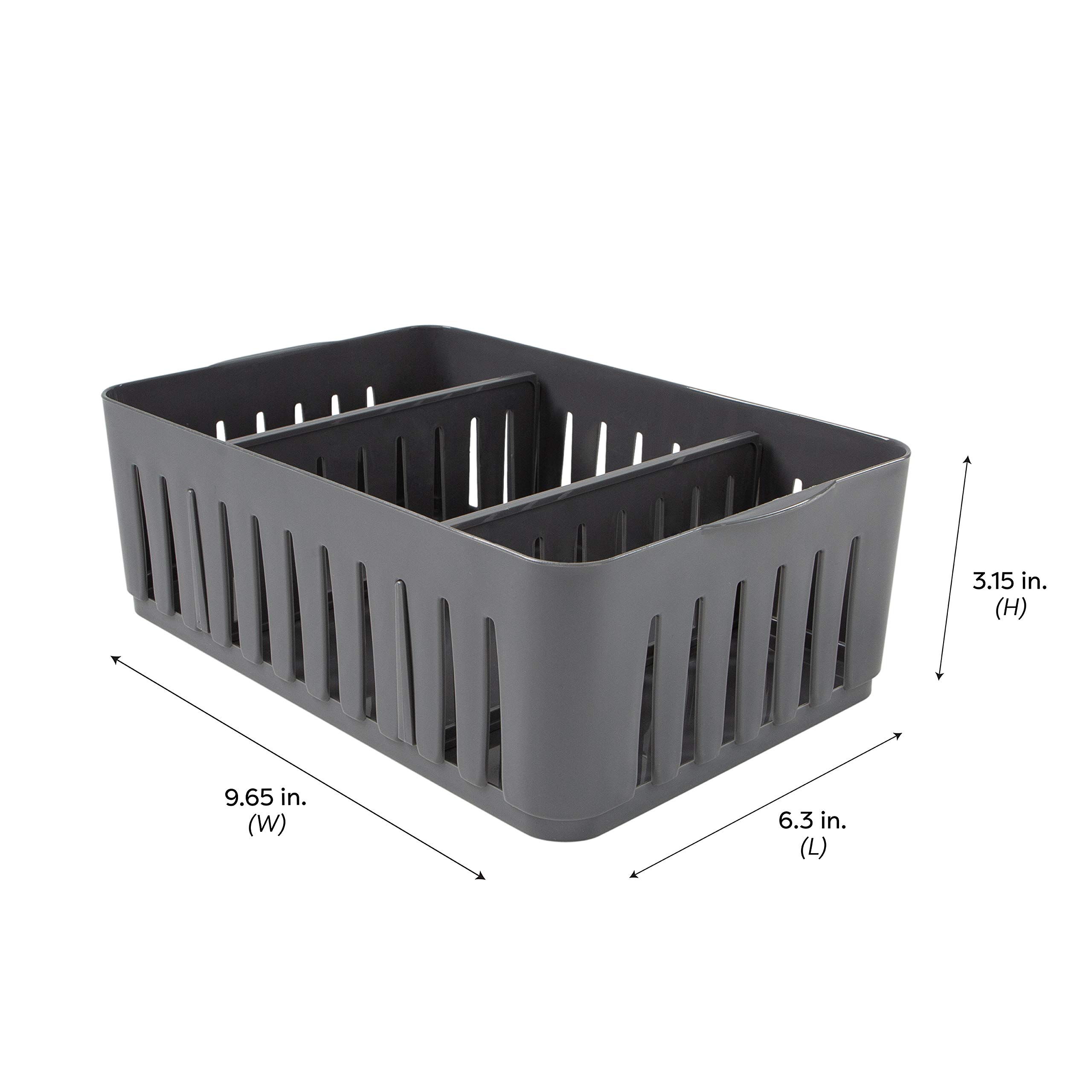 4 Pack Stackable Storage Bins with Adjustable Dividers - 3 Compartment Drawer Organizer for Office, Desk, Dorm & Bathroom | Perfect for Makeup, Accessories & Supplies | Space-Saving Grey Storage Baskets for Home Organization