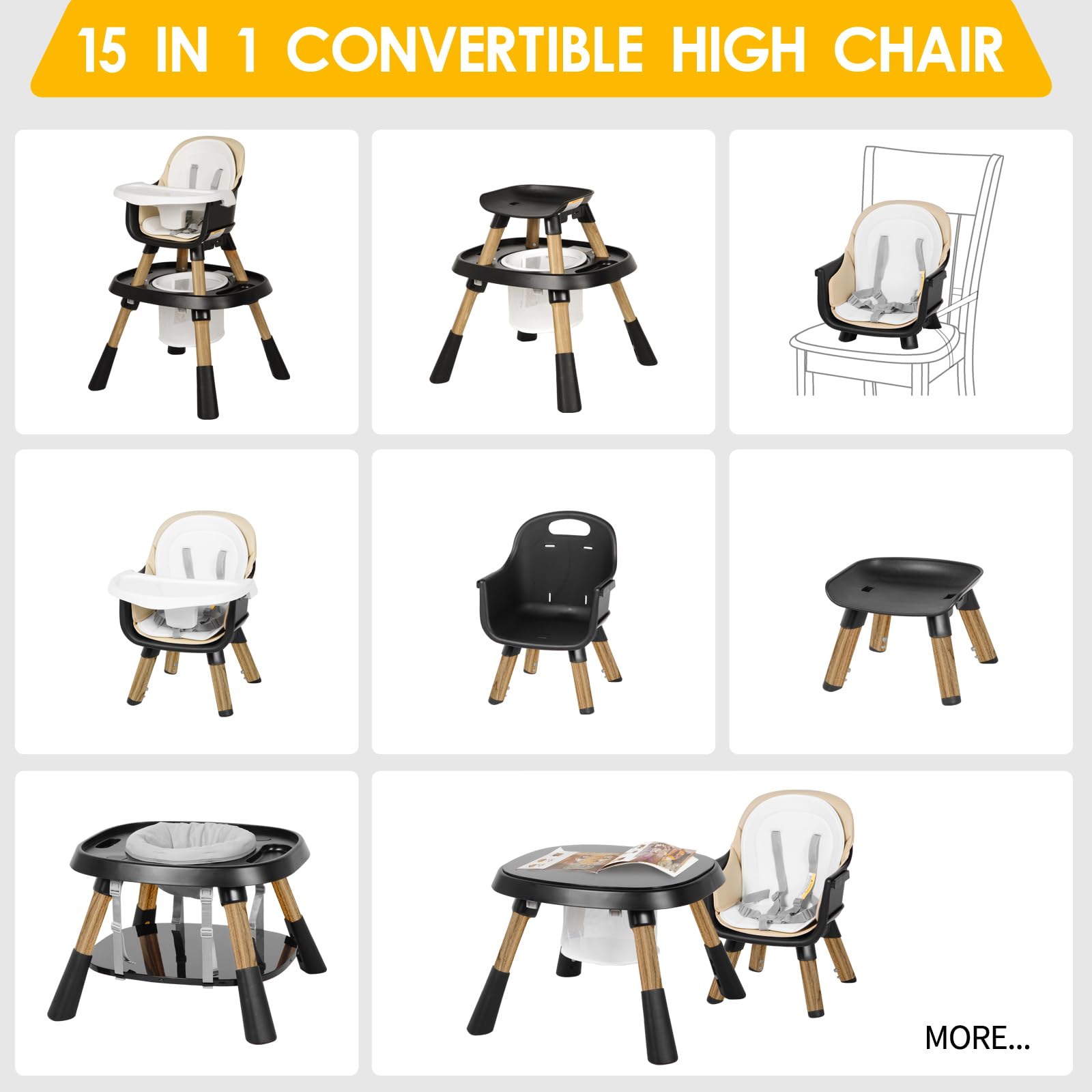 **15-in-1 Convertible Baby High Chair for Toddlers 6-72 Months | Easy Clean Adjustable Feeding Chair | Safe & Comfortable for Home & Restaurant Use (Black)**