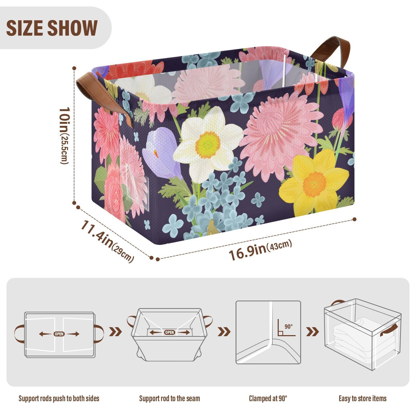 Bright Floral Pattern Storage Bins with Handles - 2 Pack Closet Organizer for Clothes, Jeans, Books | Versatile Home & Office Storage Solution for Bedroom, Bathroom, and Kids Room Organization