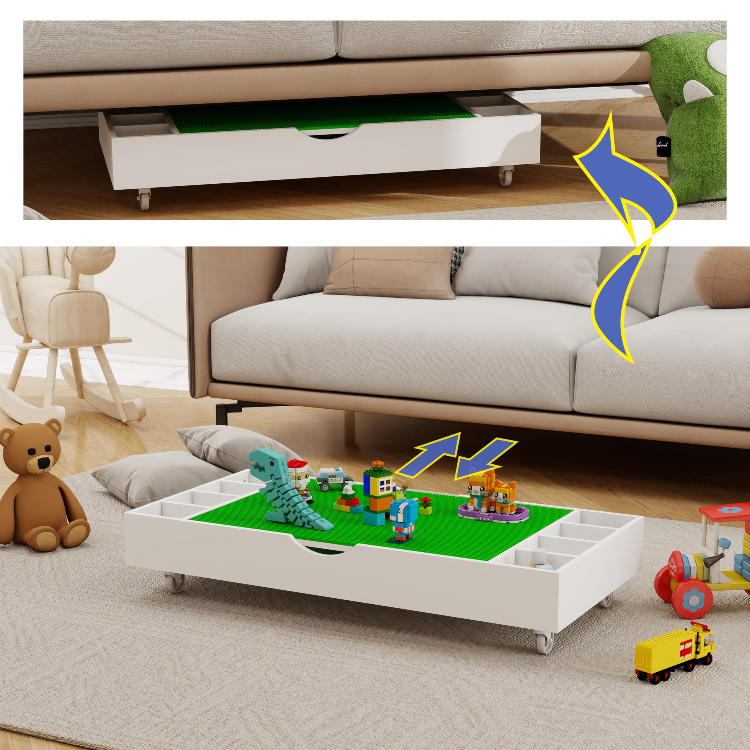 2-in-1 Wooden Kids Activity Table with Storage & Wheels - Play Table with Block Board, Rolling Construction Game Table - Fits Under Sofa (White) - Perfect for Playrooms, Daycares & Small Spaces