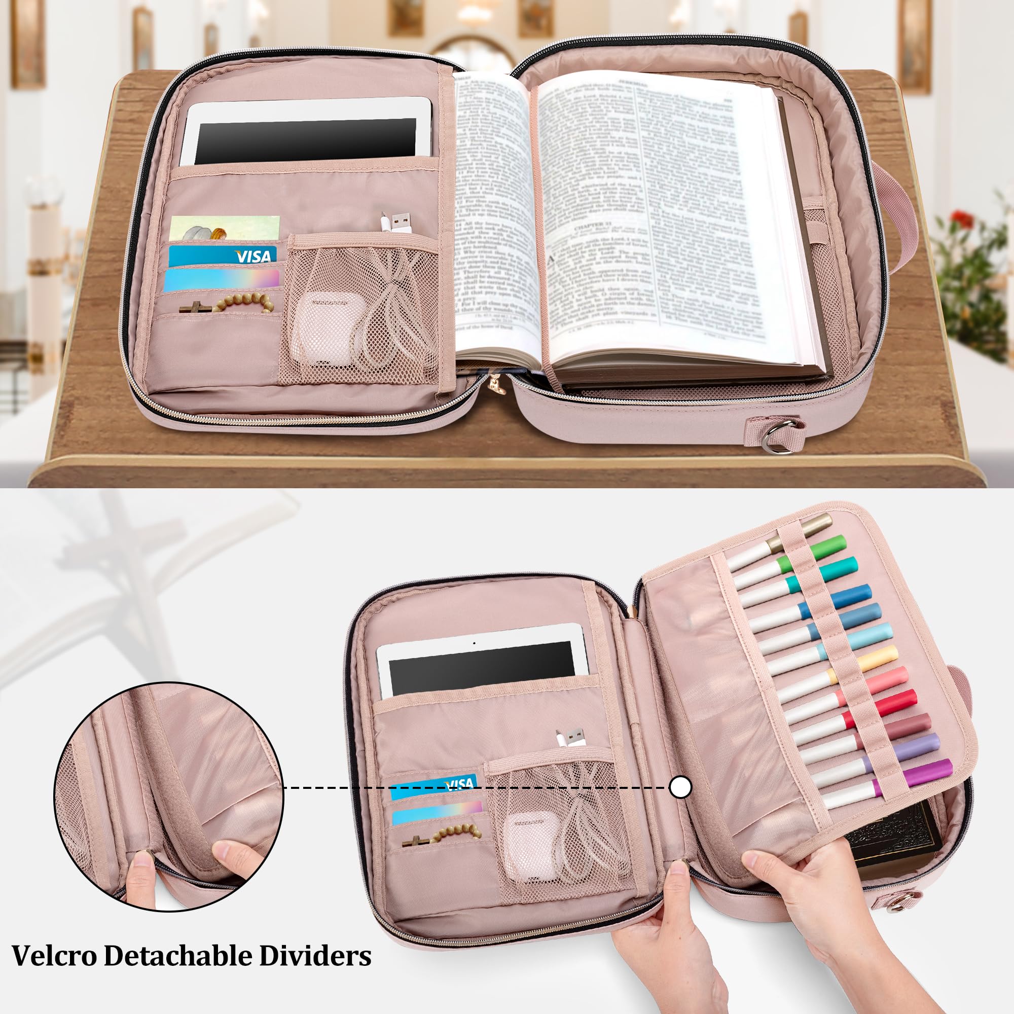 Teamoy Large Bible Cover for Men & Women - Quilted Church Book Bag with Shoulder Strap & Detachable Pen Slots (Pink) - Perfect for Sunday Service, Bible Study & Travel