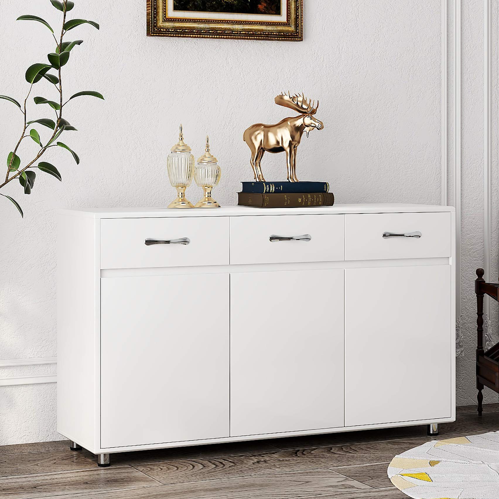 Modern White Wood Buffet Sideboard with 3 Drawers & 3 Doors - Kitchen Storage Cabinet, Entryway Console Table for Dining Room & Living Room - Perfect for Home Organization & Entertaining Guests