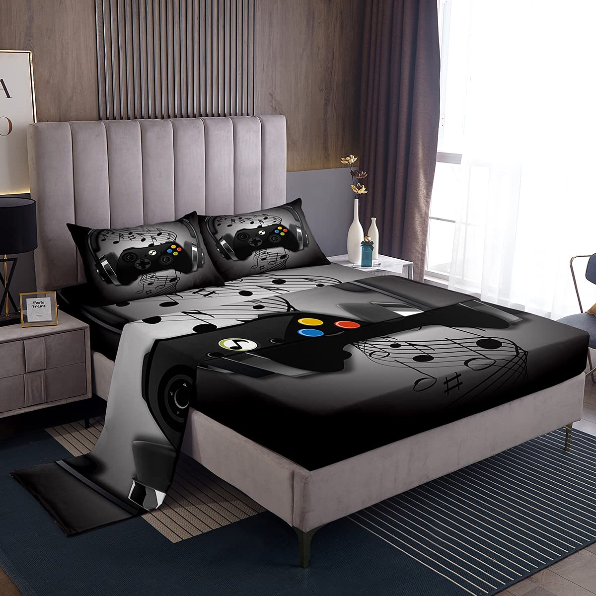 Black & Grey Gaming Bed Sheet Set with Headphones & Musical Notes Design - 4 Piece Full Size Fitted & Flat Sheets for Boys' Video Game Room Decor | Perfect for Gaming Enthusiasts & Retro Gamepad Themed Bedrooms