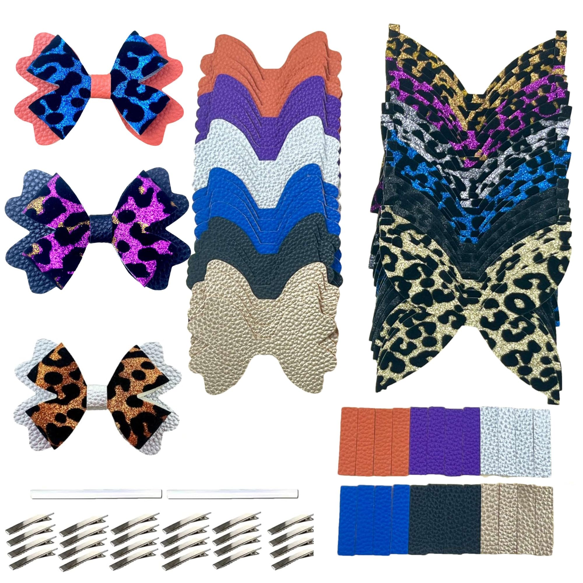 24-Piece Faux Leather Hair Bow DIY Kit with Glitter Leopard Print - Pre-Cut Pieces & Hair Clips for Girls & Women | Create Stylish Shiny Hair Accessories for Parties, Weddings & Everyday Wear