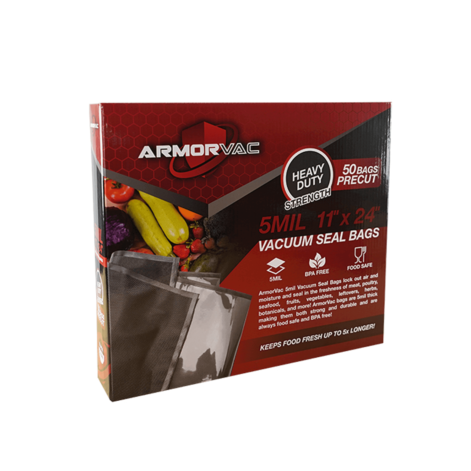 ArmorVac 11x24 Inch 5mil Precut Vacuum Seal Bags - 50 Pack (Black & Clear) for Food Storage, Sous Vide, and Long-Term Preservation