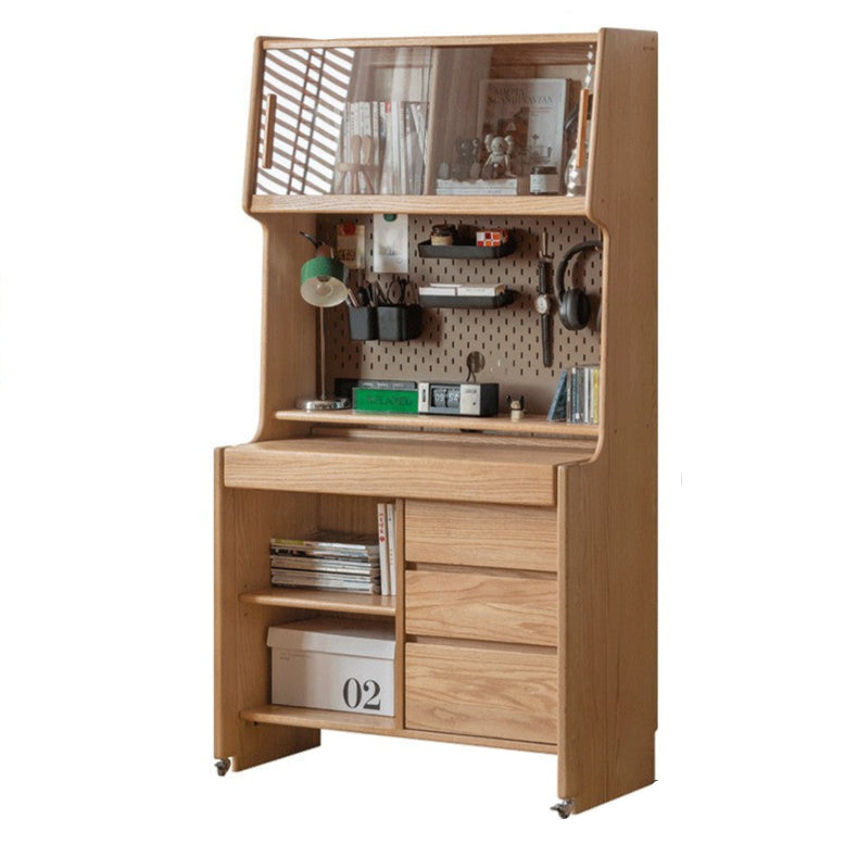 Solid Oak Wood Modern Retractable Desk with Integrated Bookcase - Home Office, Study Room, and Workspace Solution