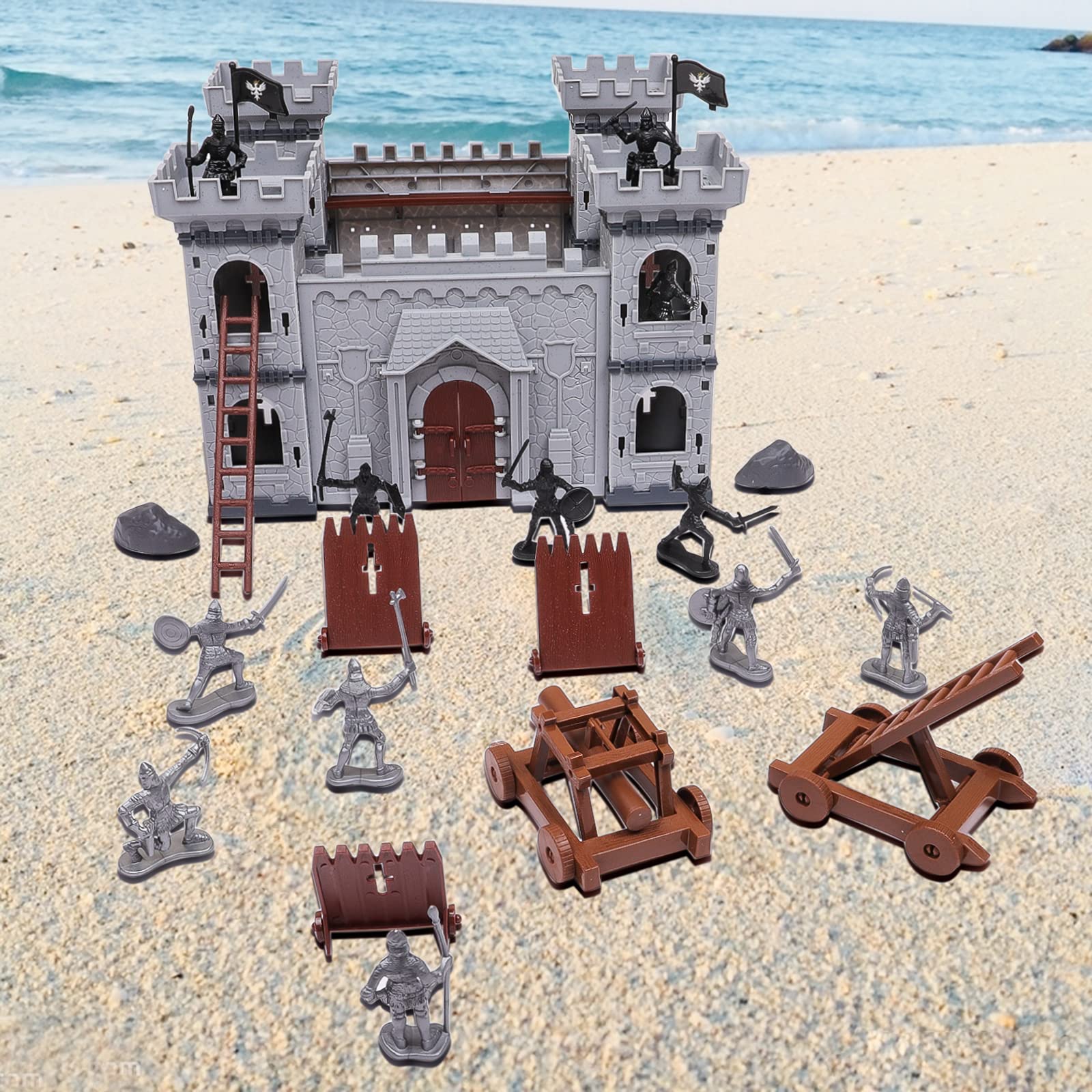 Kangkang Army Men & Knight Toys - DIY Medieval Miniature Castle Set with 12 Plastic Soldiers, Crash Car for Creative Play | Military Toys for Boys | Perfect for Battle Scenes, Storytelling & Collectors