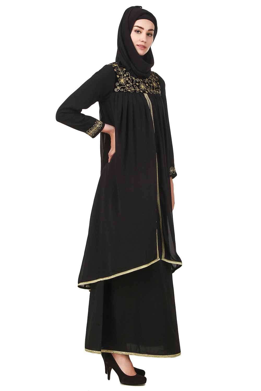 Elegant Black Dual Layer Nida & Georgette Embroidered Abaya Dress AY 707 - Perfect for Islamic Prayer, Special Occasions & Modest Fashion