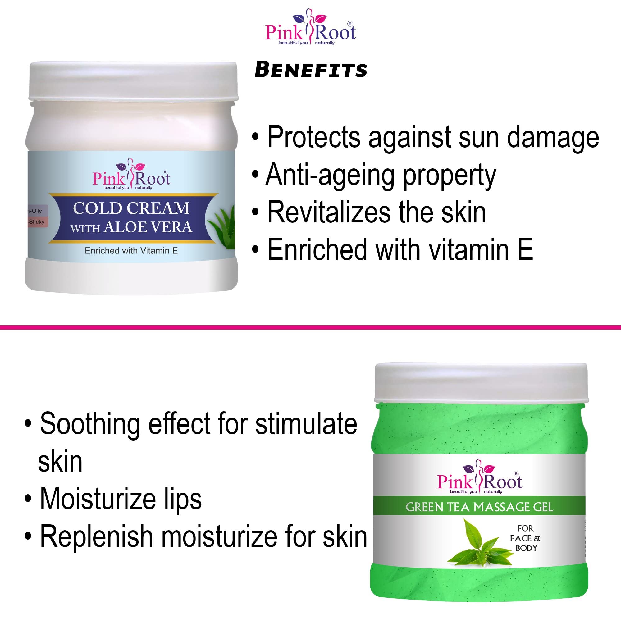 Organic Pink Root Green Tea Massage Gel with Aloe Vera Cold Cream - 500ml Set for Relaxation & Skin Care - Perfect for Spa, Massage Therapy & Home Wellness Routines