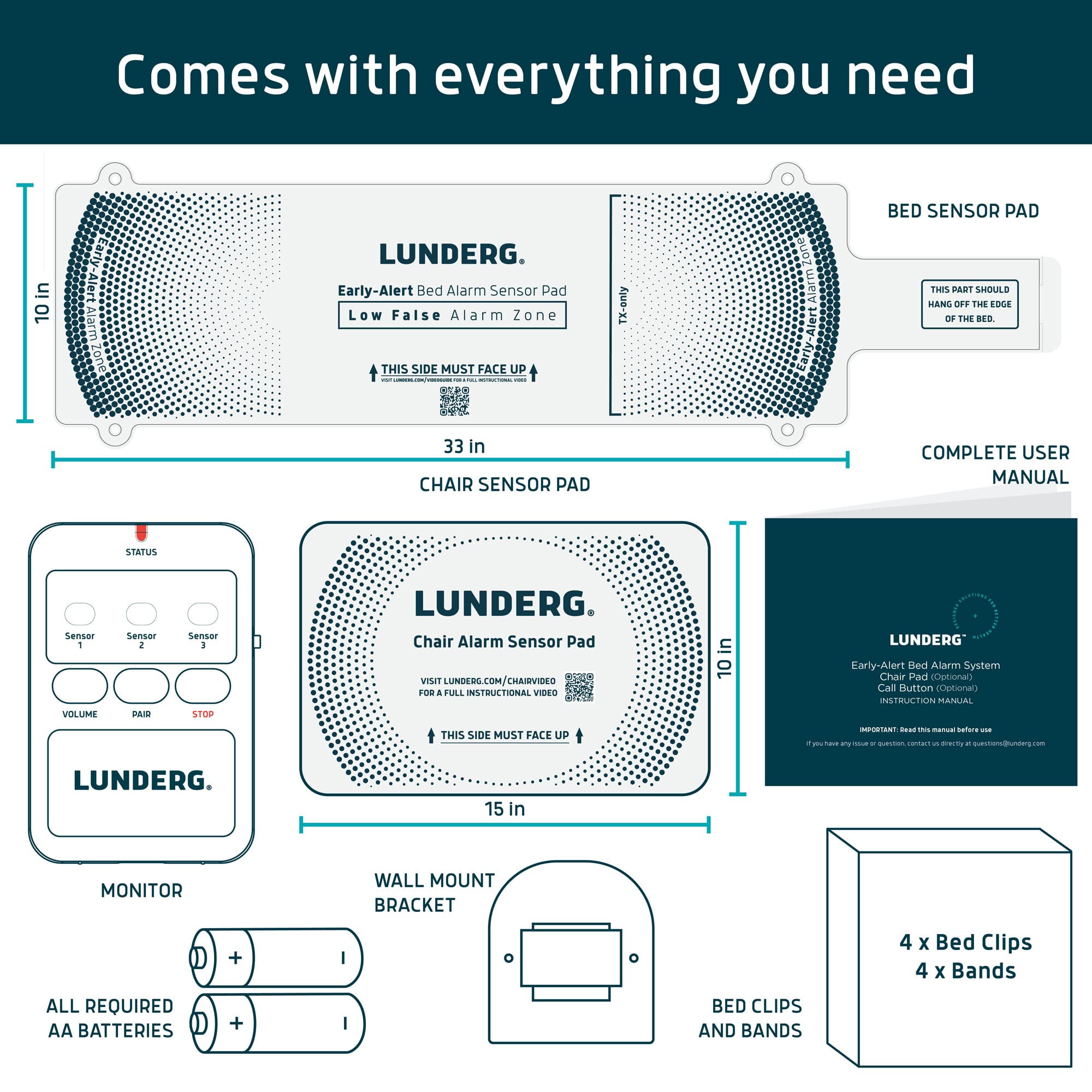 Lunderg Early Alert Bed Alarm System with Extra Chair Alarm Pad & 1 Pager - Smart Fall Prevention Monitoring Kit for Elderly & Dementia Patients - Ideal for Nursing Homes, Assisted Living & Home Care Safety