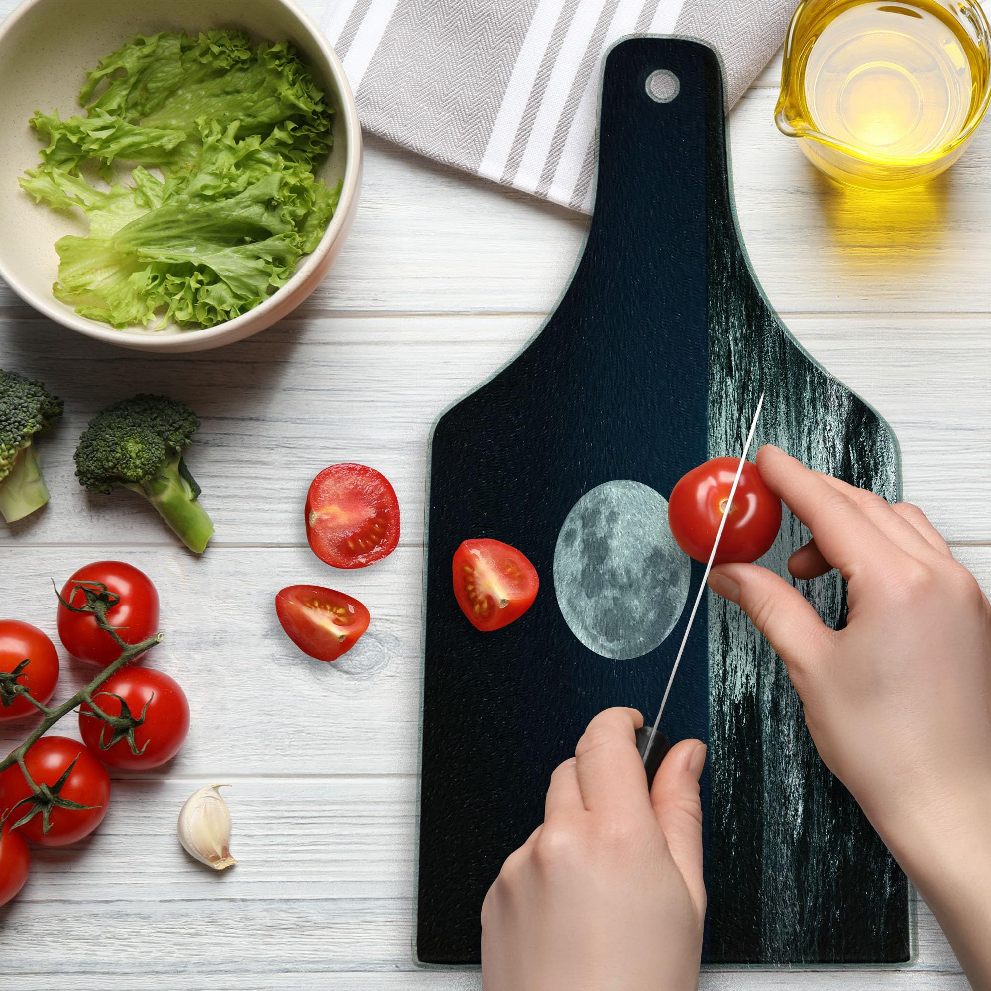 Ambesonne Moon Tempered Glass Cutting Board - Large Wine Bottle Shape with Ethereal Moon & Sea Reflection Design - Dark Blue Black White Decorative Serving Board for Kitchen, Dining & Party Entertaining