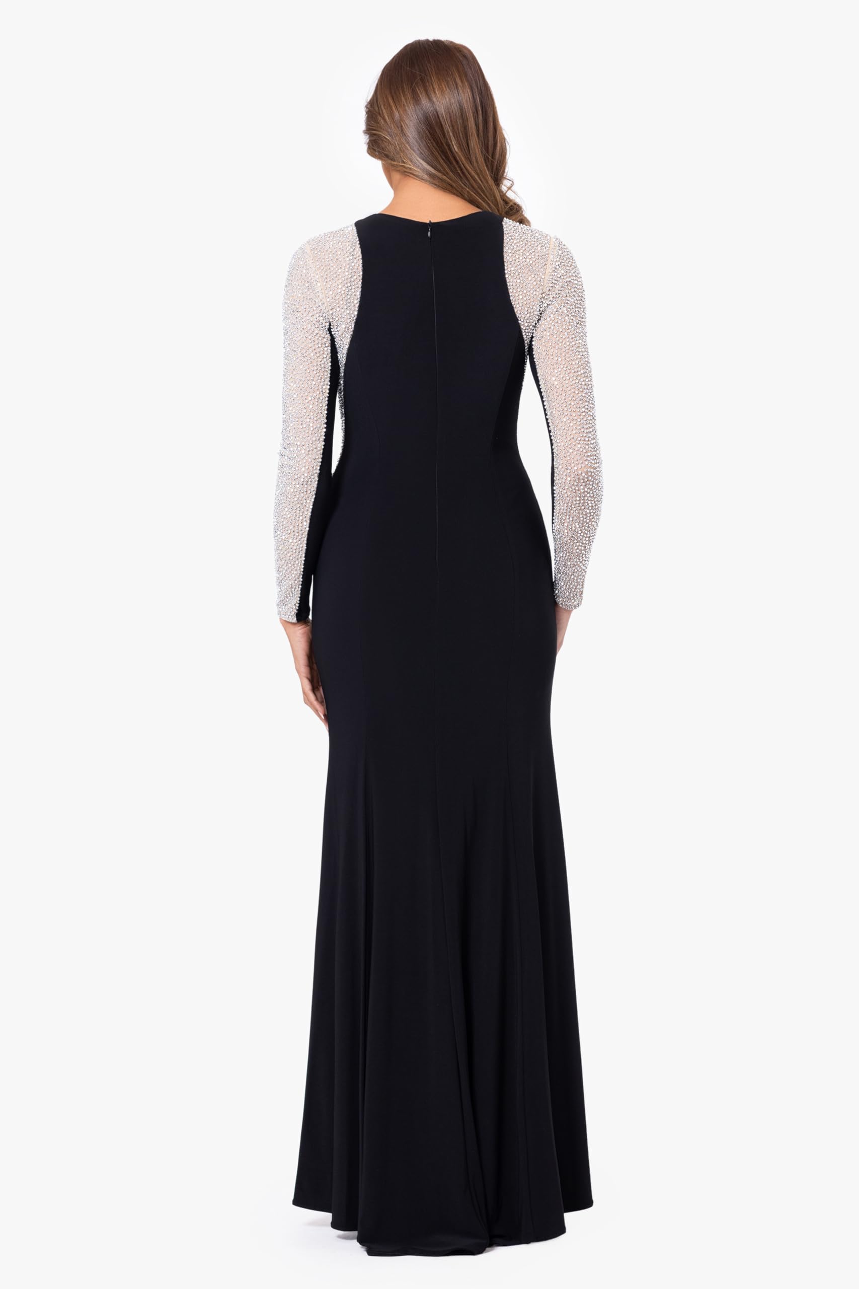 Xscape Women's Long Sleeve Beaded Contour Gown - Elegant Evening Dress for Prom, Gala, and Formal Events