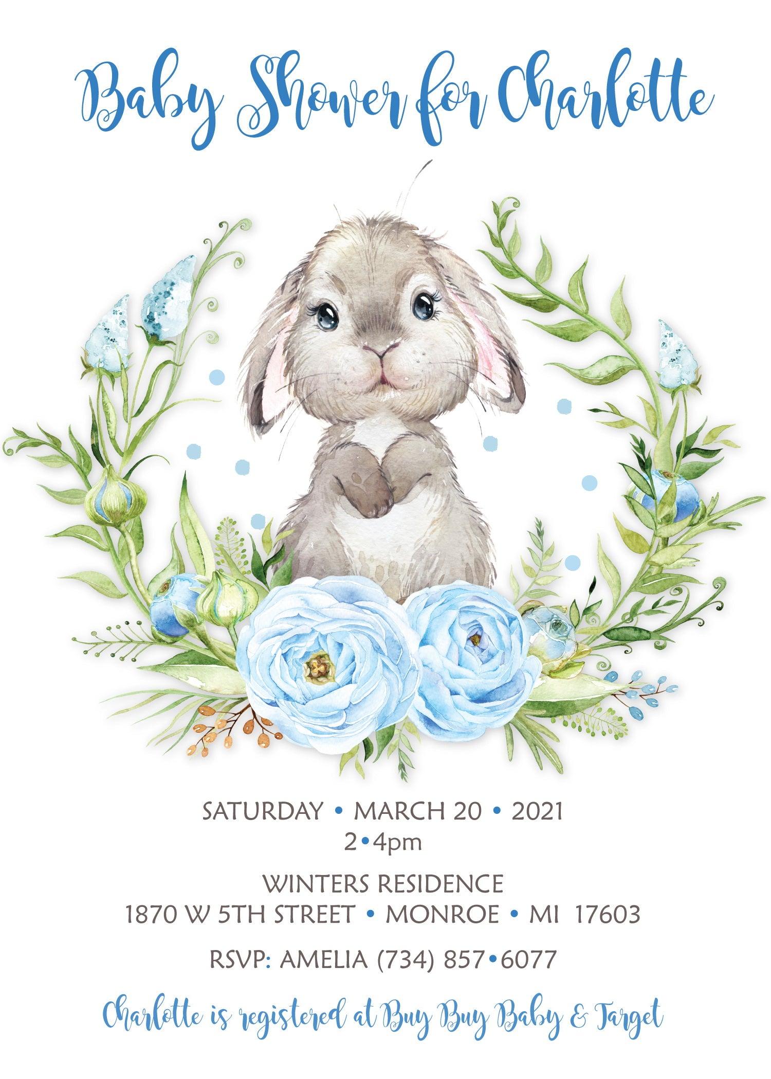 Easter Bunny Baby Boy Shower Invitations - Cute Bunny Themed Baby Shower Cards for Easter Celebrations and Spring Parties