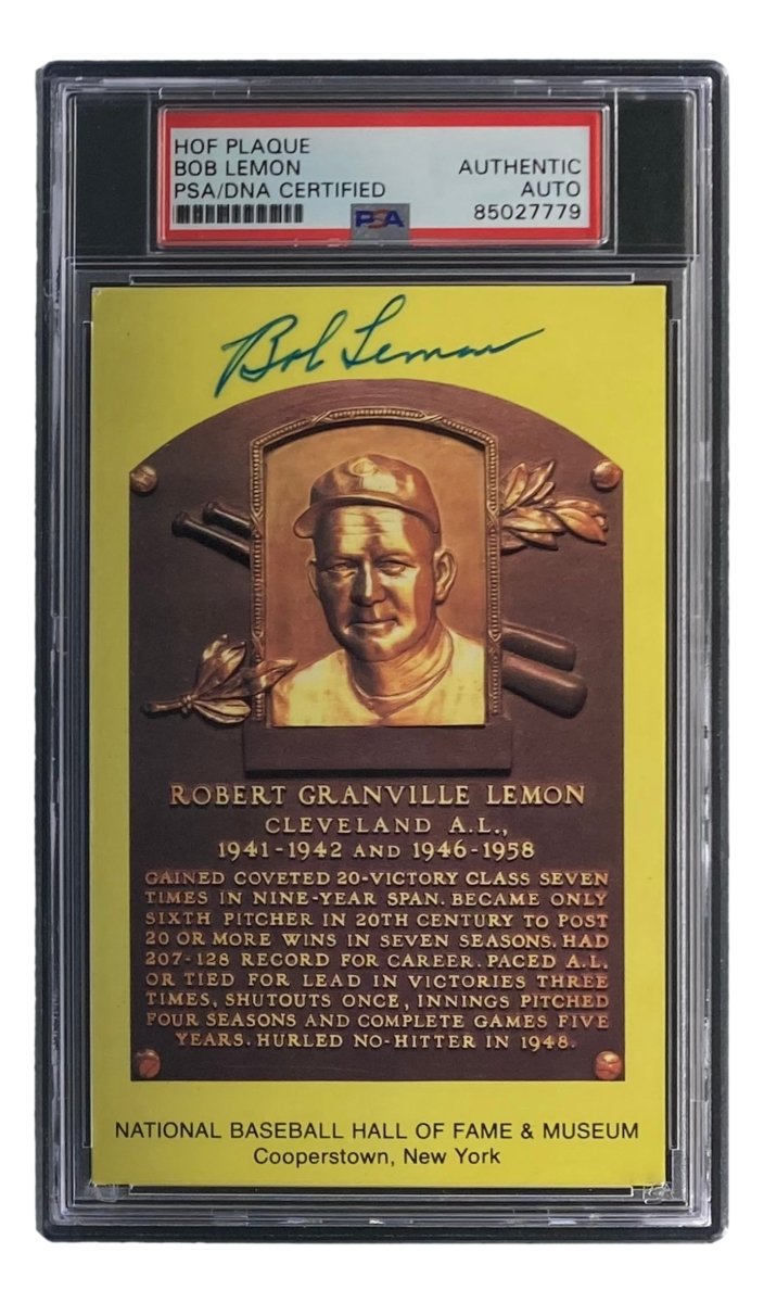 Bob Lemon Signed 4x6 Cleveland HOF Plaque Card PSA/DNA Certified 85027779 - Authentic Autograph Collectible for Baseball Fans & Memorabilia Display