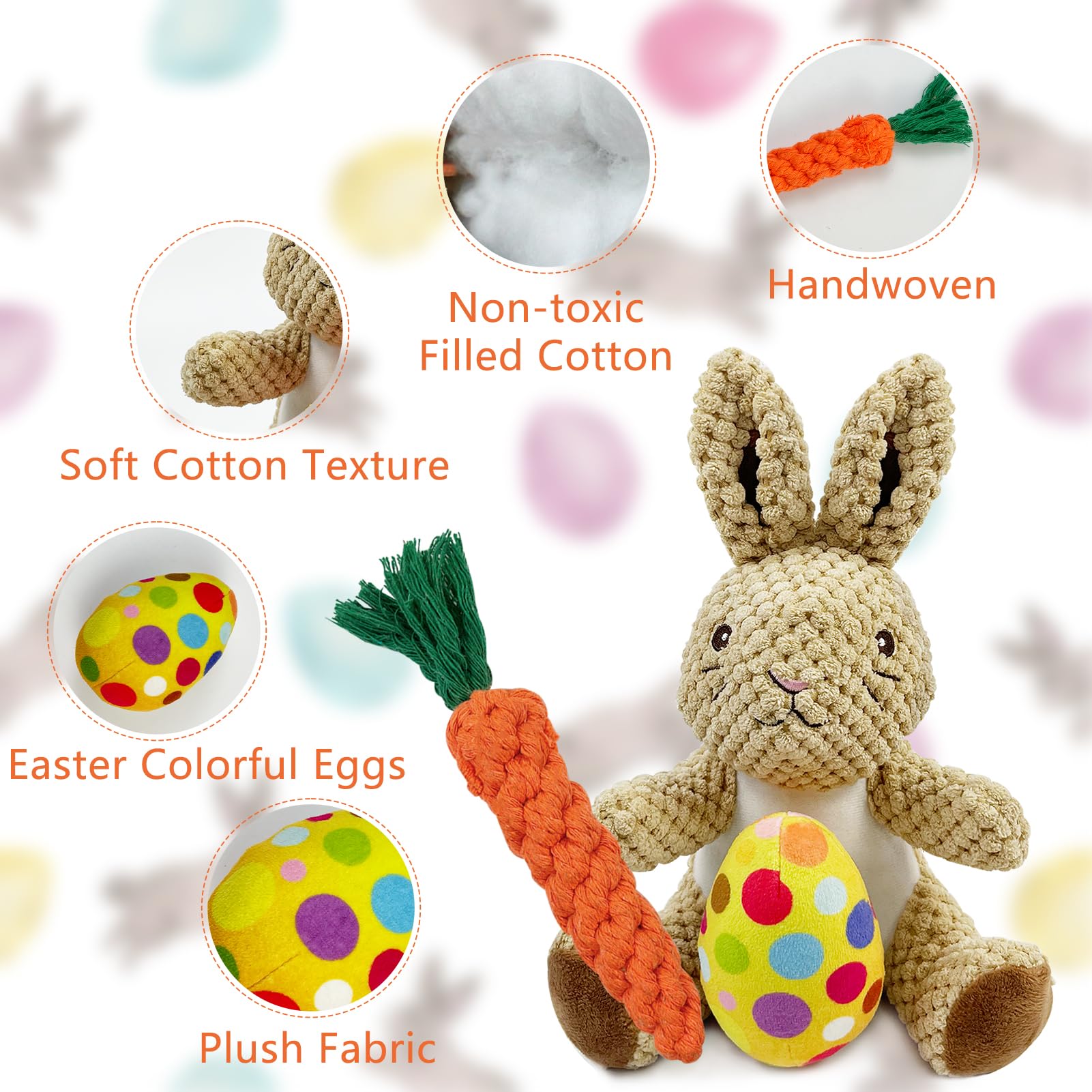 4 Pcs Easter Dog Squeaky Toys - Plush Bunny Rabbit Stuffed Animal with Crinkle & Rope Carrot - Interactive Easter Gift for Small Medium Dogs - Perfect for Easter Egg Hunts & Puppy Playtime