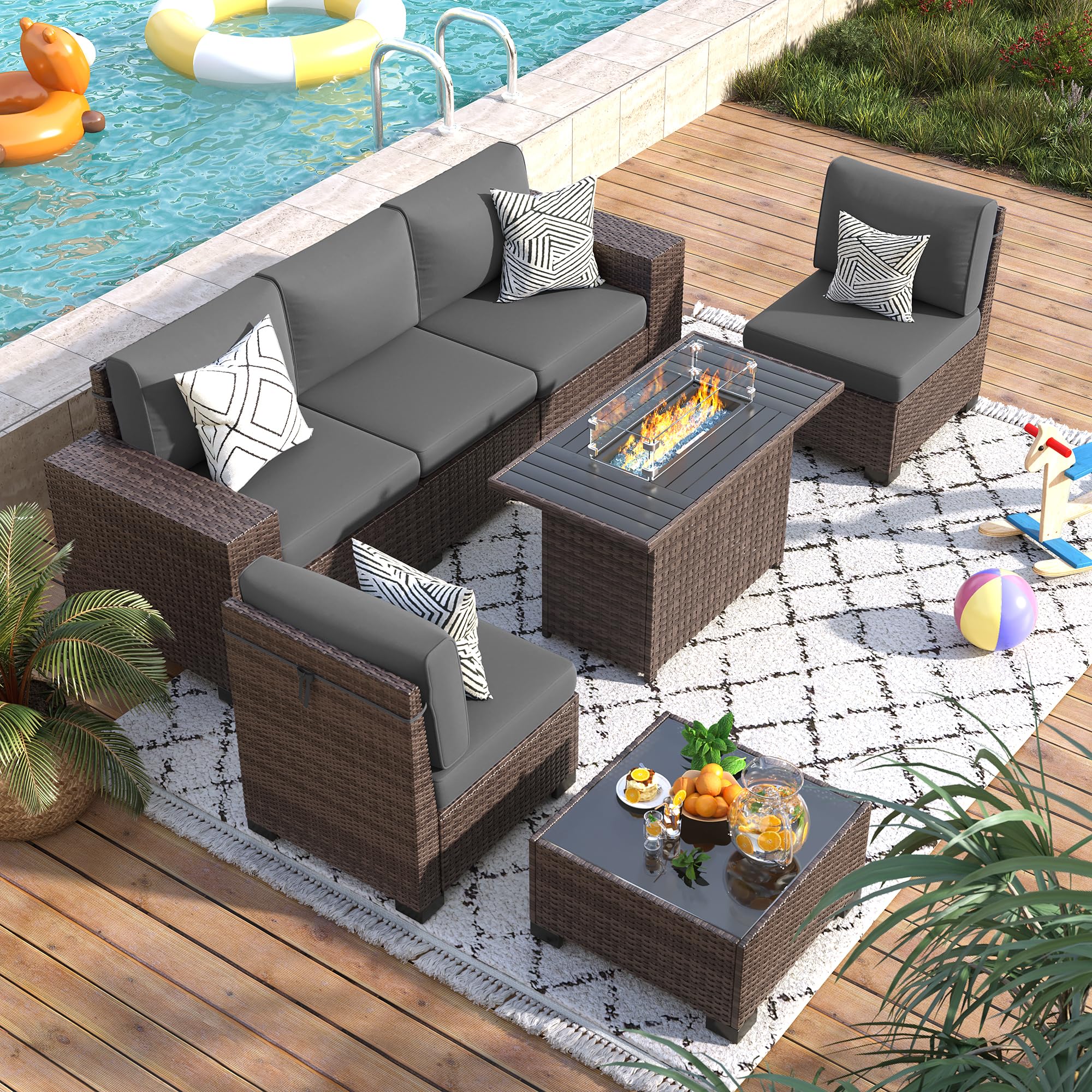 7-Piece Outdoor Patio Furniture Set with Fire Pit Table - Wicker Rattan Sectional Sofa & Coffee Table - 4