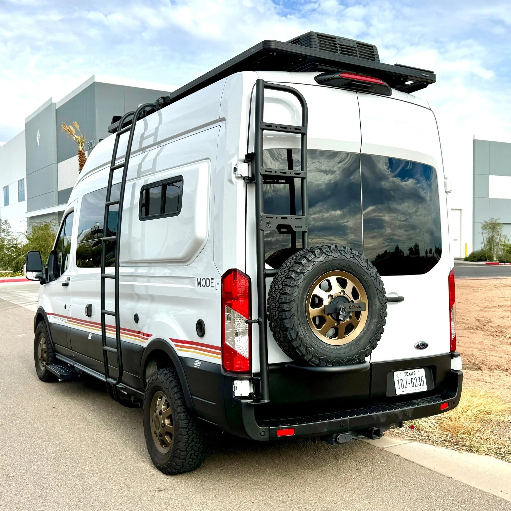 Owl Explorer Ladder & Tire Carrier for 2015-2023 Ford Transit High Roof Van | Heavy Duty Roof Accessories for Camping & Overlanding Adventures