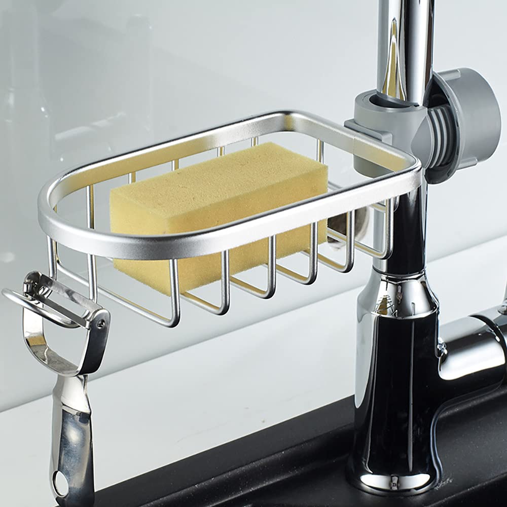 Stainless Steel Kitchen Sink Organizer - Faucet Rack with Soap Dish & Sponge Holder | Space-Saving Aluminum Sink Storage Basket with Hook | Perfect for Small Kitchens, Apartments & RV Living (Black)
