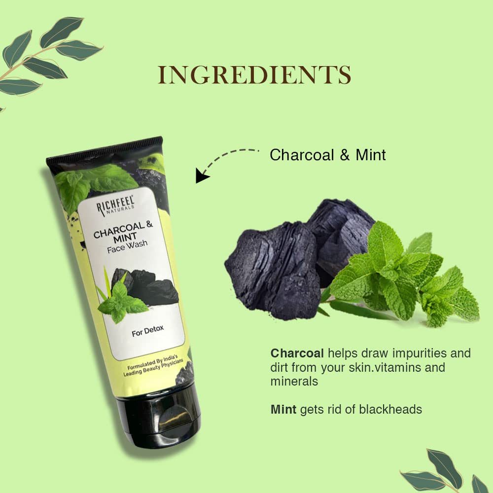 Richfeel Naturals Charcoal & Mint Facial Cleanser 100g - Deep Pore Cleansing for Oily & Acne-Prone Skin - Perfect for Daily Skincare Routine & Travel