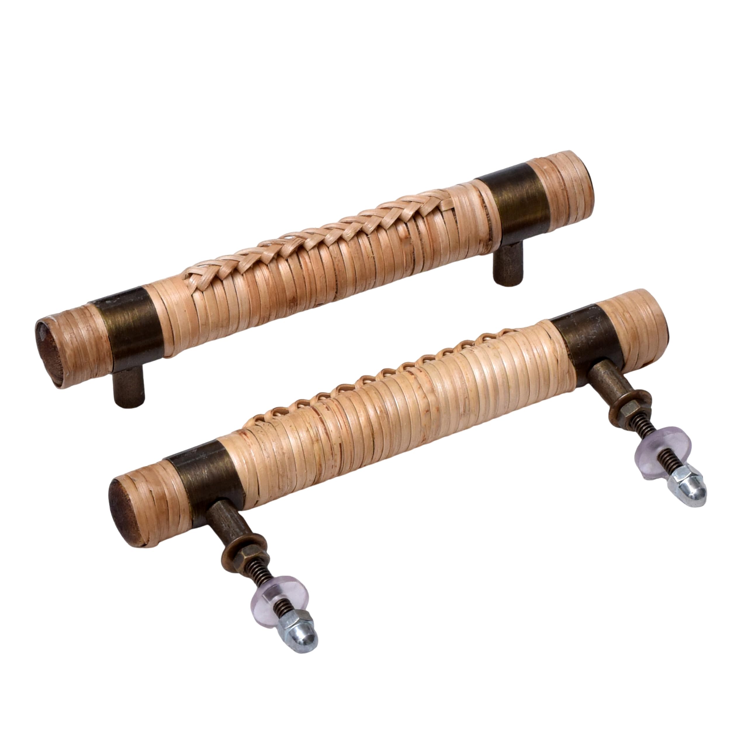 Boho Rattan Drawer Pulls - Wooden Cabinet Handles for Dresser & Door (2-Pack) - Boho Home Decor