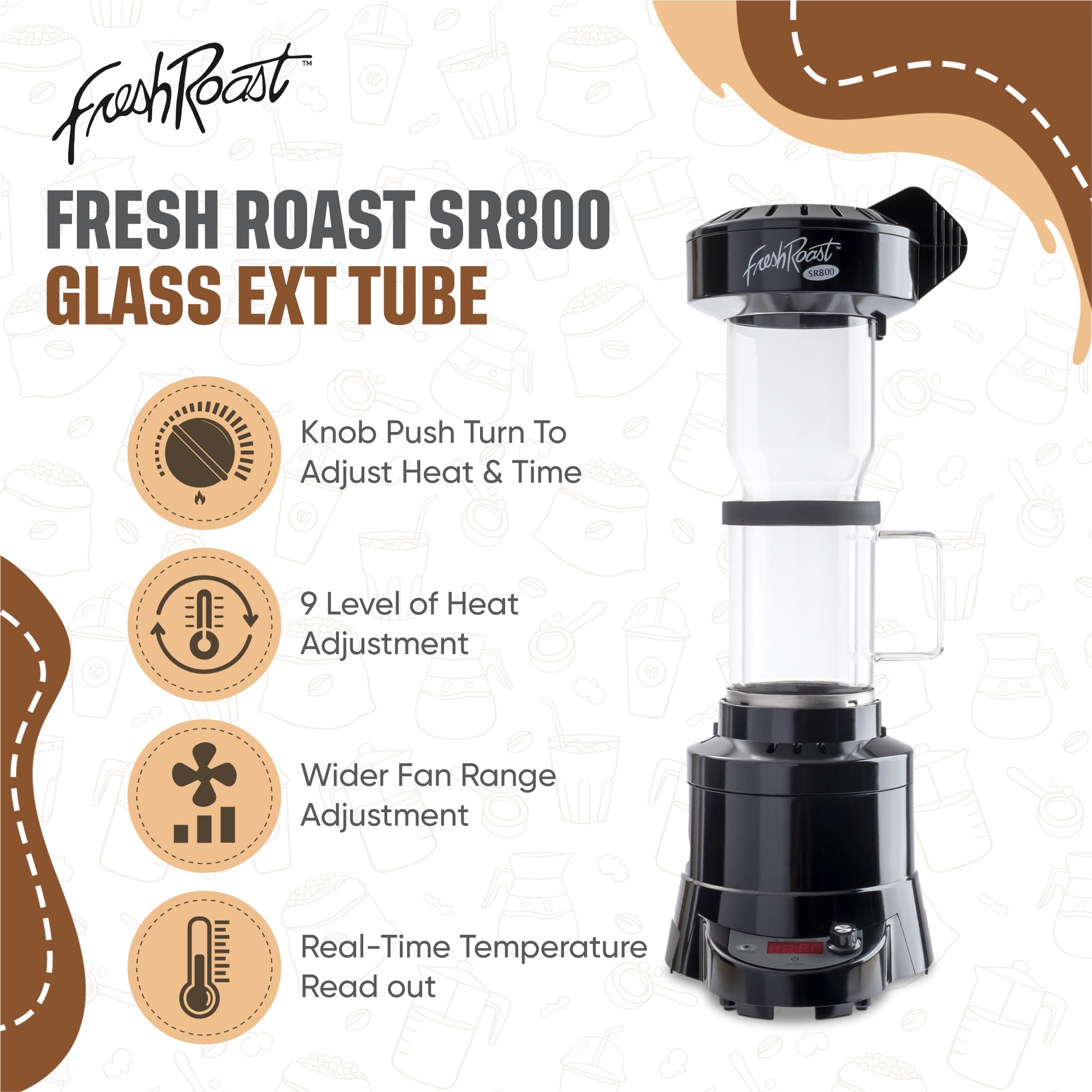 Fresh Roast SR800 Coffee Roaster Bundle with Glass Extension Tube, Coffee Bean Cooler, 2 Lbs Green Beans Sample Pack & 2 Sample Trays - Perfect for Home Coffee Roasting Enthusiasts & Small Batch Artisan Coffee Shops