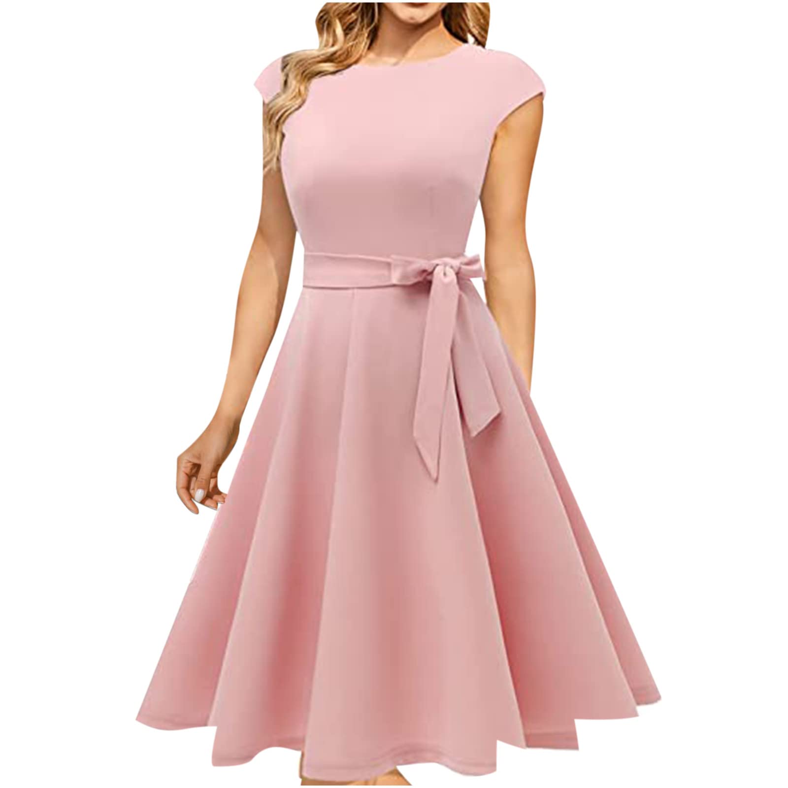bmkBWO Women's Sexy Cap Sleeve Cocktail Dress - Elegant Crewneck Swing Midi Dress with Tie Waist for Wedding Guest, Party & Casual Wear | Perfect for Evening Events, Date Nights & Special Occasions
