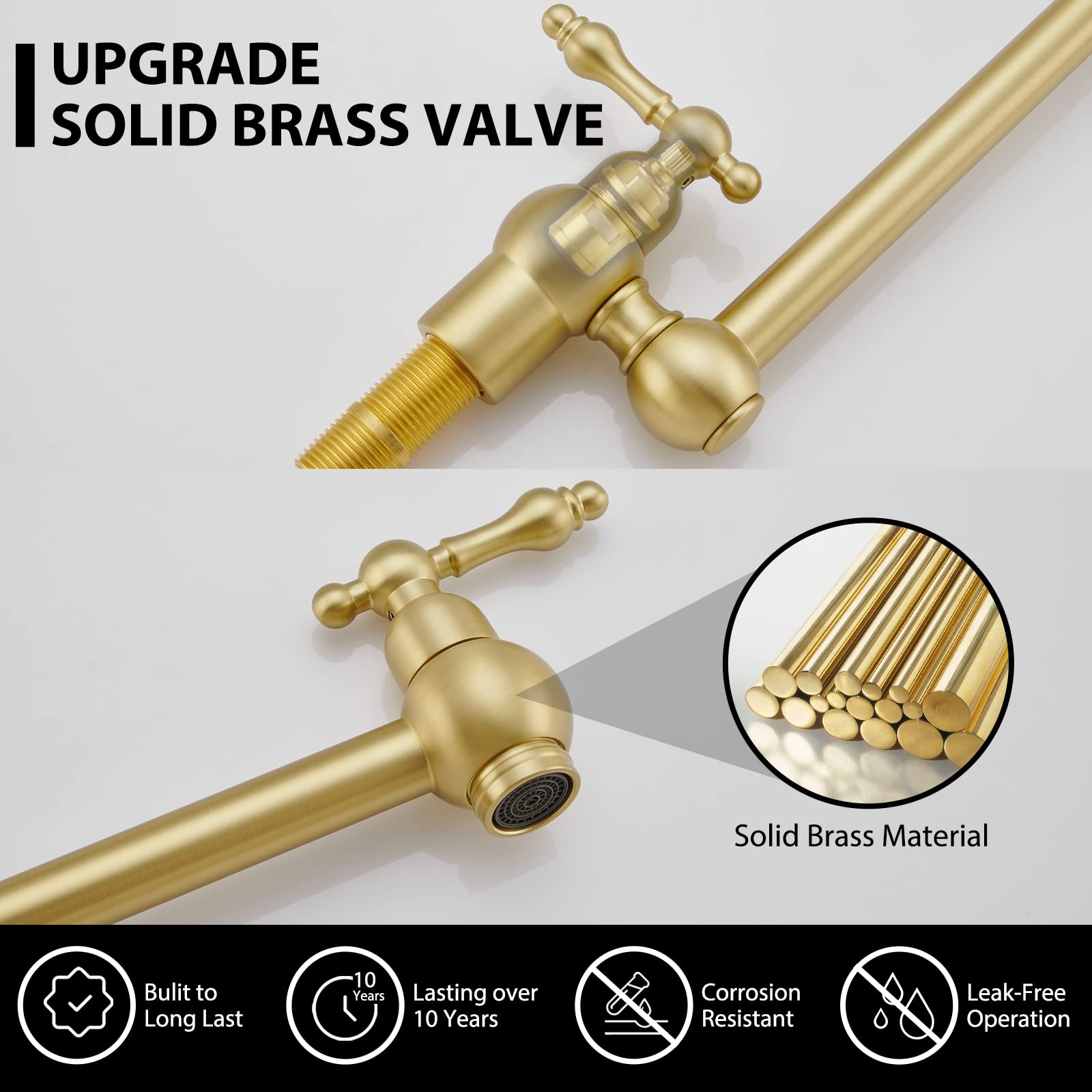 Brushed Gold Pot Filler Faucet - Wall Mount Brass Traditional Kitchen Faucet with Double Joint Swing Arms for Stove (3005-BG) - Perfect for Cooking, Soup Making & Pasta Preparation