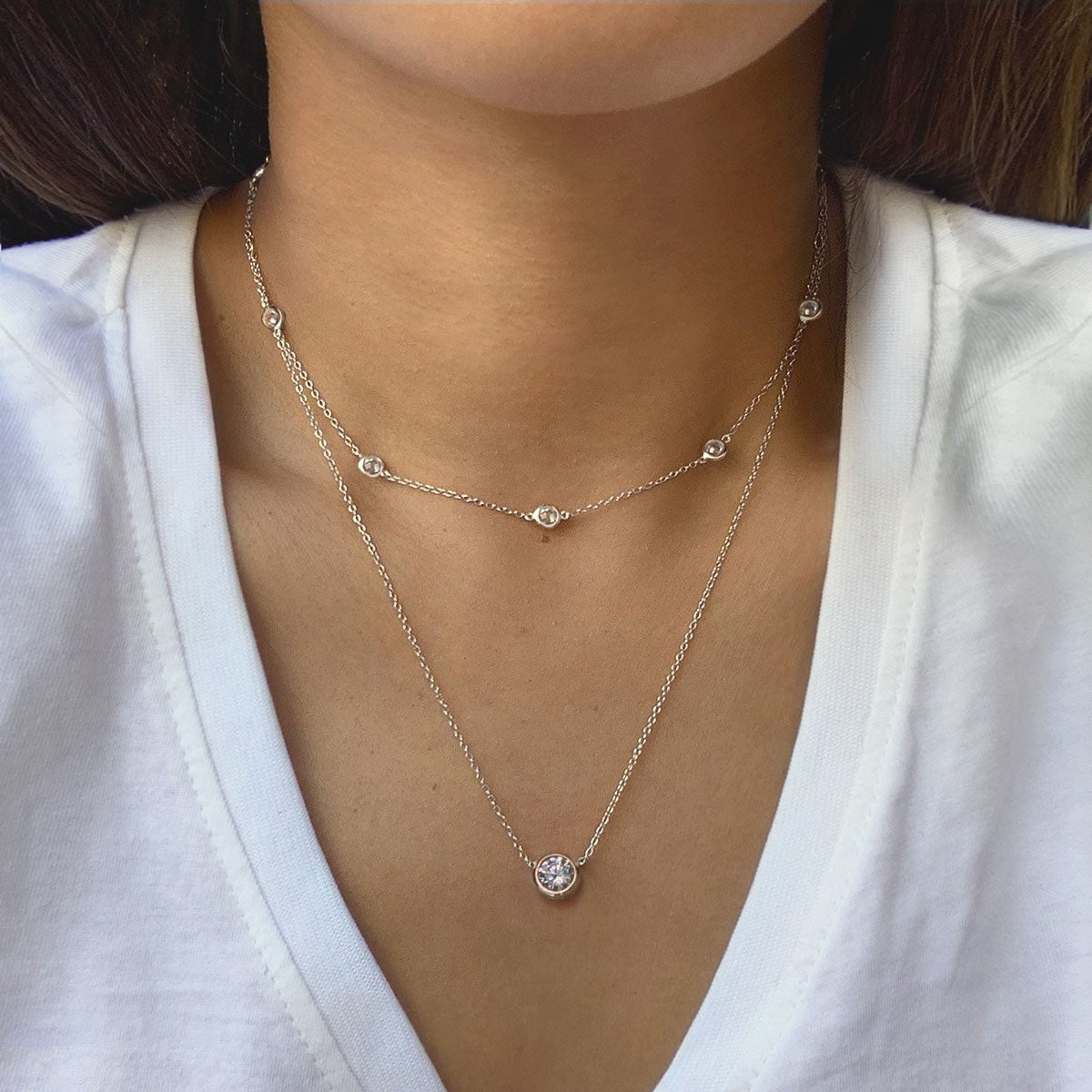 Elegant Crystal Chain Solitaire Necklace - Layered Duo Pendant for Women | Perfect for Everyday Wear, Date Nights & Special Occasions