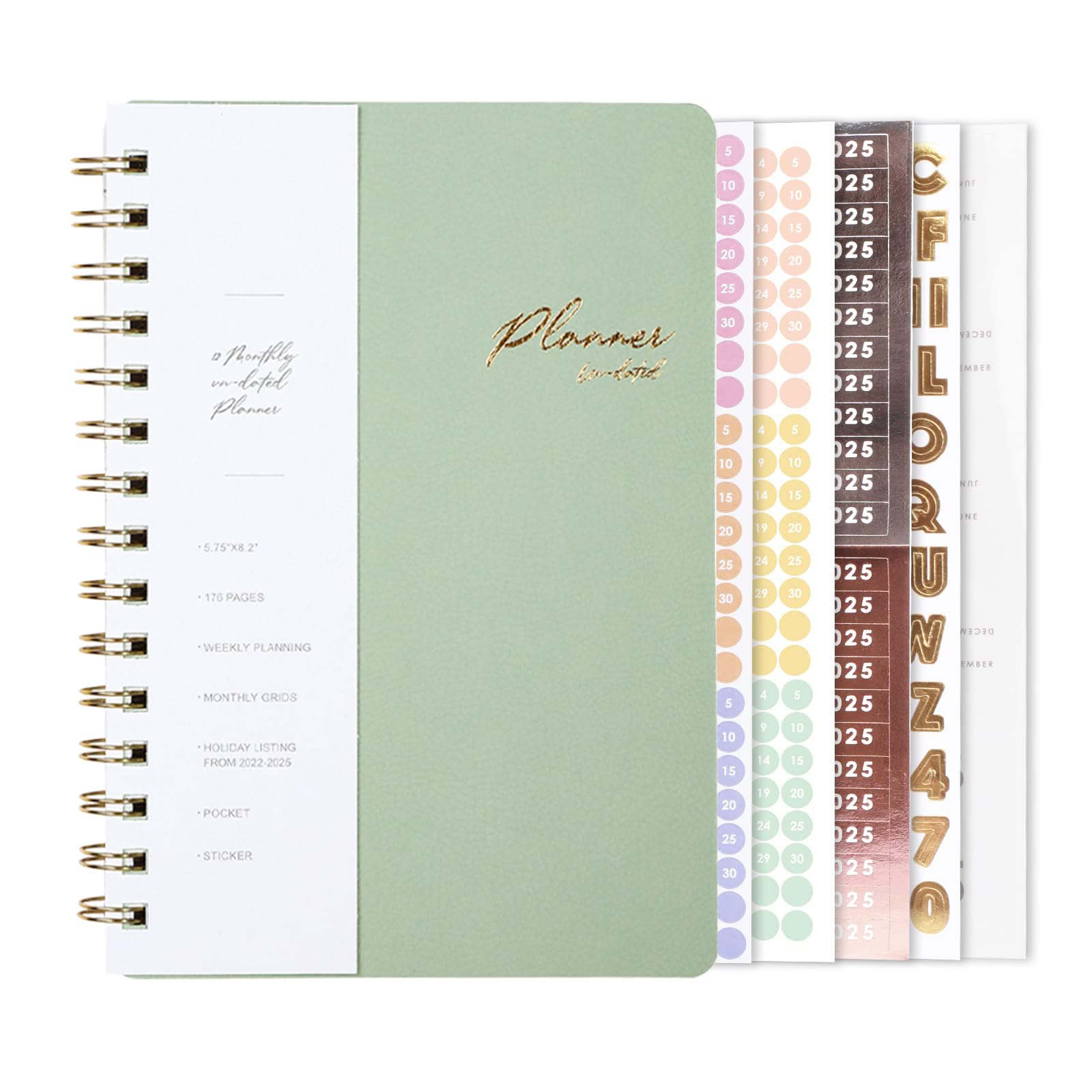 2024-2025 Undated Weekly & Monthly Planner with Tabs, Stickers, Thick Paper - Twin-Wire Binding, 6.1x8.2 Inch Mint Green Academic Planner for Students & Professionals - Perfect for School, Work, and Personal Organization