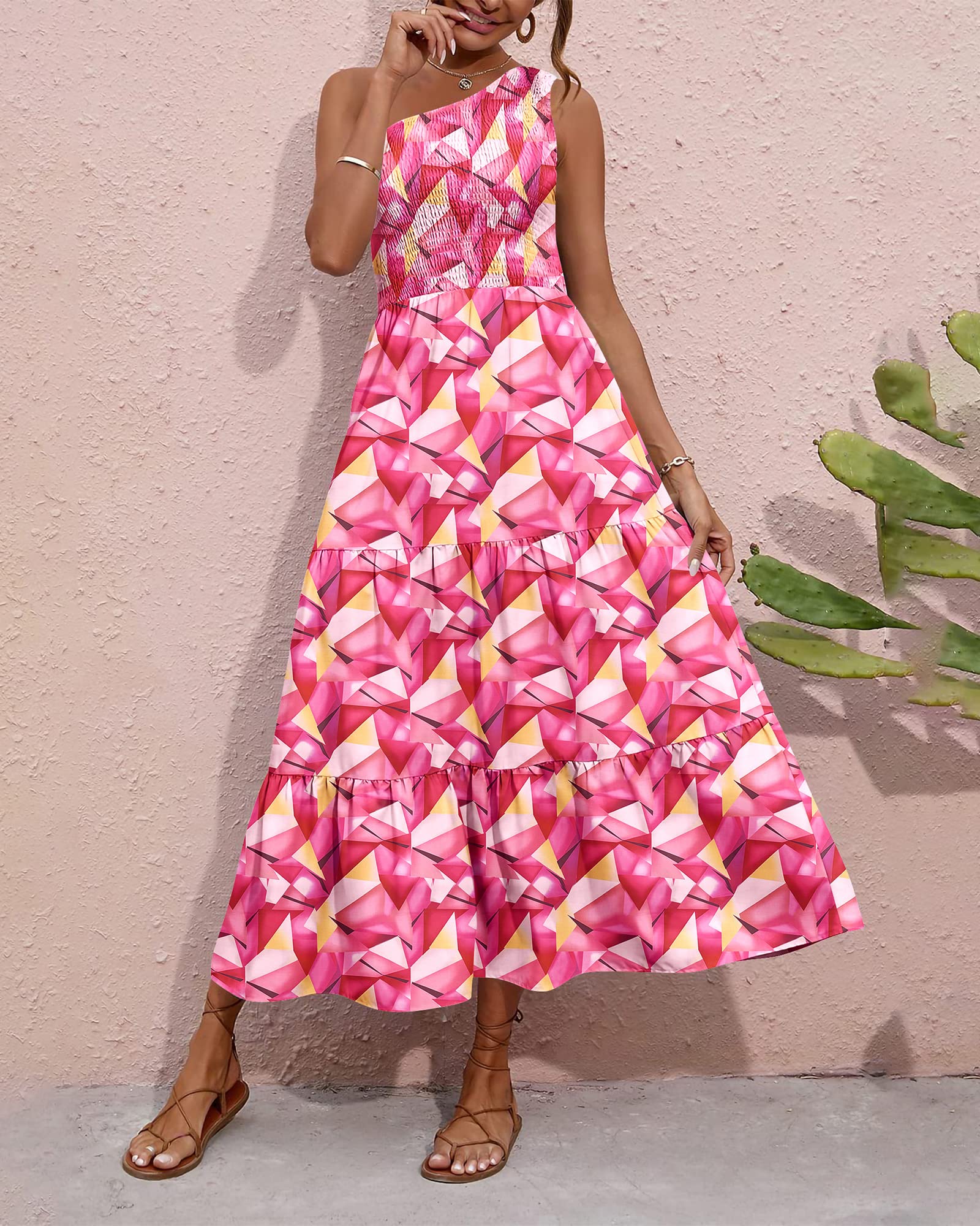 BTFBM Women's 2025 Summer One Shoulder Floral Maxi Dress - Casual Sleeveless High Waist Boho Beach Dress with Smocked Detail | Perfect for Vacations, Weddings & Summer Parties