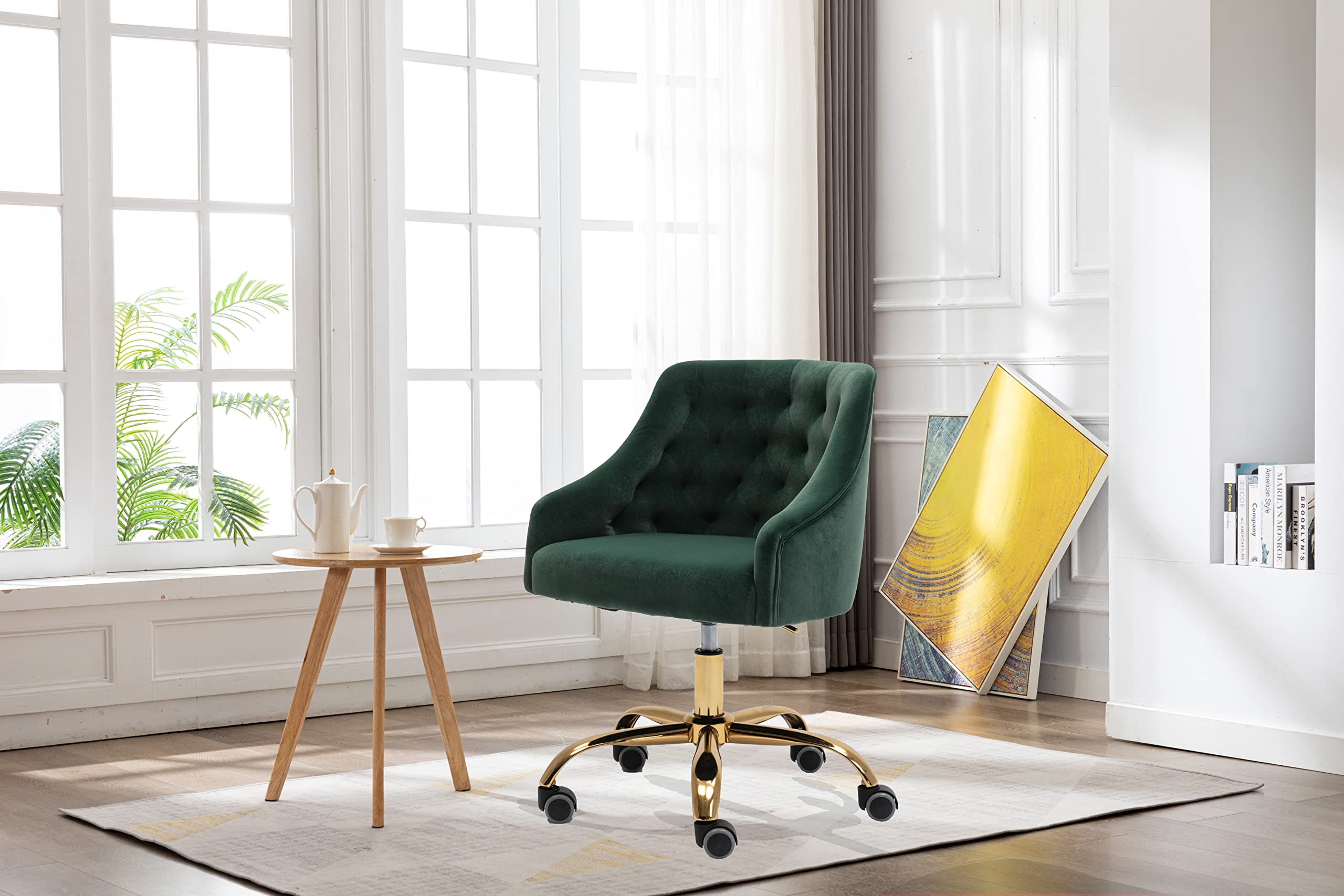 Ergonomic Velvet Swivel Office Chair with Wheels & Height Adjustment - Modern Home Desk Chair for Work, Study, Makeup Vanity - Perfect for Living Room, Bedroom & Home Office (Dark Green)
