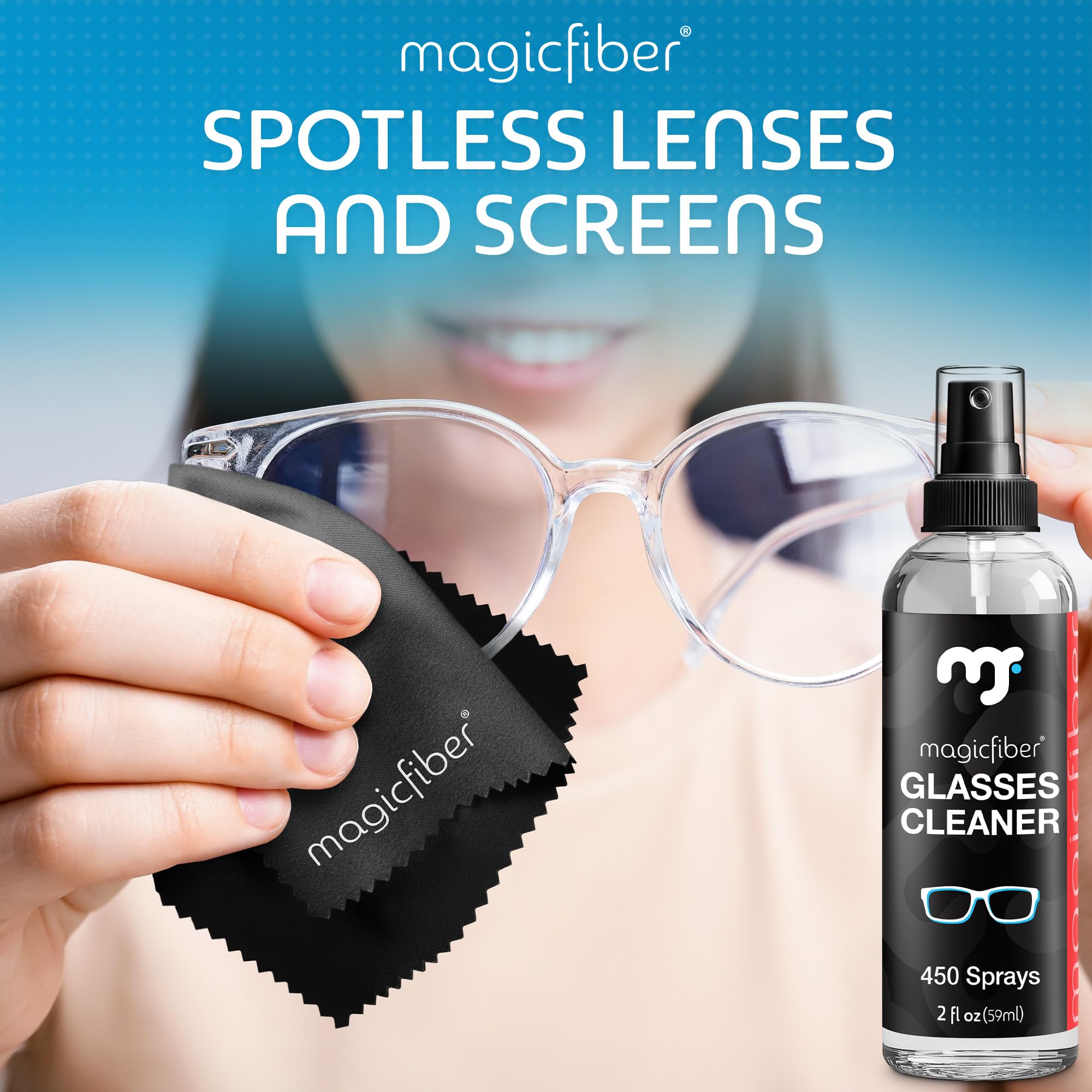 MagicFiber Glasses Cleaner Kit - (2) Eyeglass Cleaner Sprays + (2) Microfiber Cleaning Cloths - Perfect for Glasses, Lenses, Cameras, Screens, Sunglasses, Phones, Electronics, Computers, VR Headsets & TVs - Ideal for Home, Office, Travel & Outdoor Use