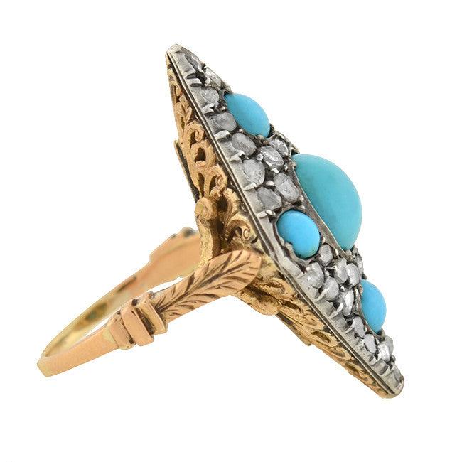 Victorian Style 18K Gold & Sterling Silver Turquoise and Rose Cut Diamond Ring - Elegant Vintage Jewelry for Weddings, Anniversaries & Special Occasions