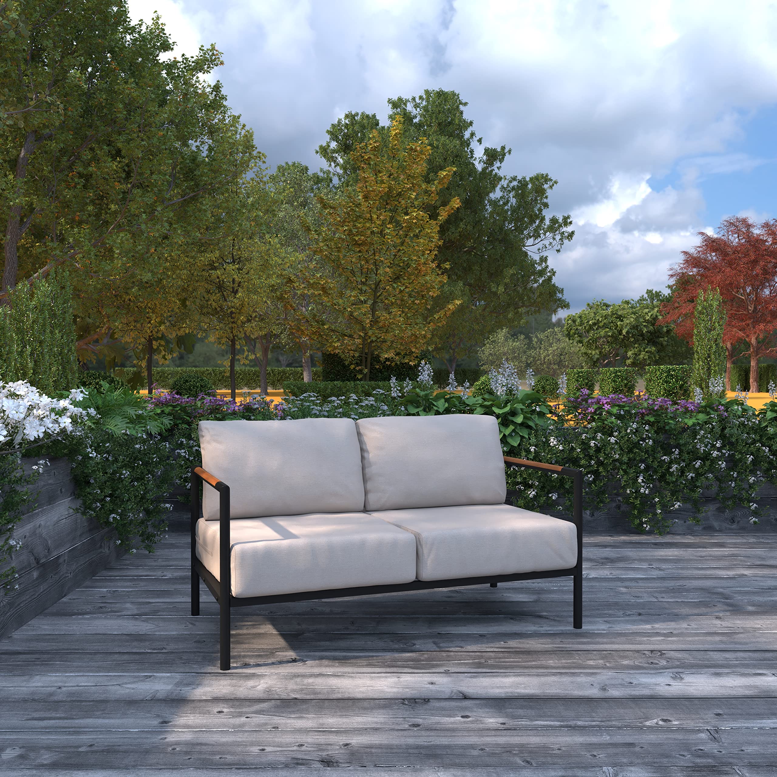 Merrick Lane Eastport Outdoor Loveseat with Removable Beige Fabric Cushions & Black Teak Accented Aluminum Frame - Perfect for Patio, Garden, Poolside or Deck Relaxation