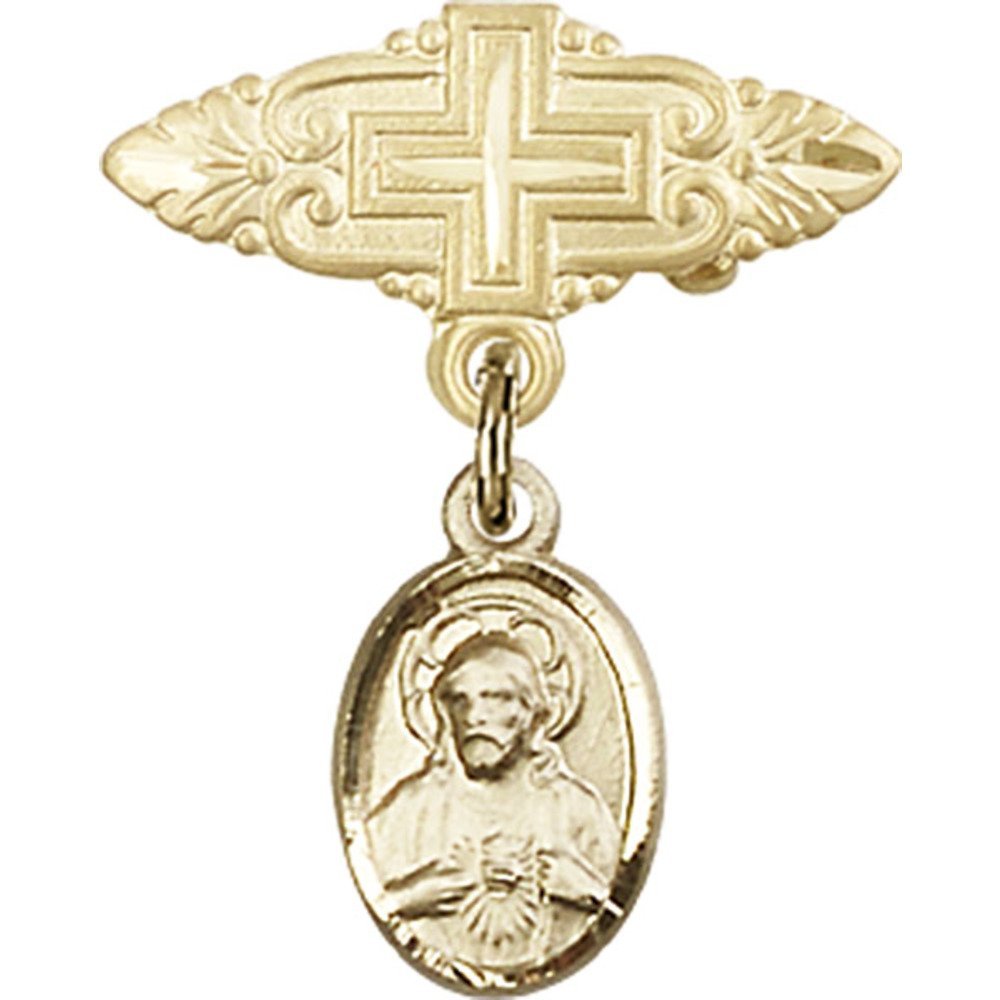 7/8 X 3/4 Inch Gold Filled Baby Badge with Scapular Charm & Cross Pin - Religious Jewelry for Baptism, First Communion & Christening Gifts