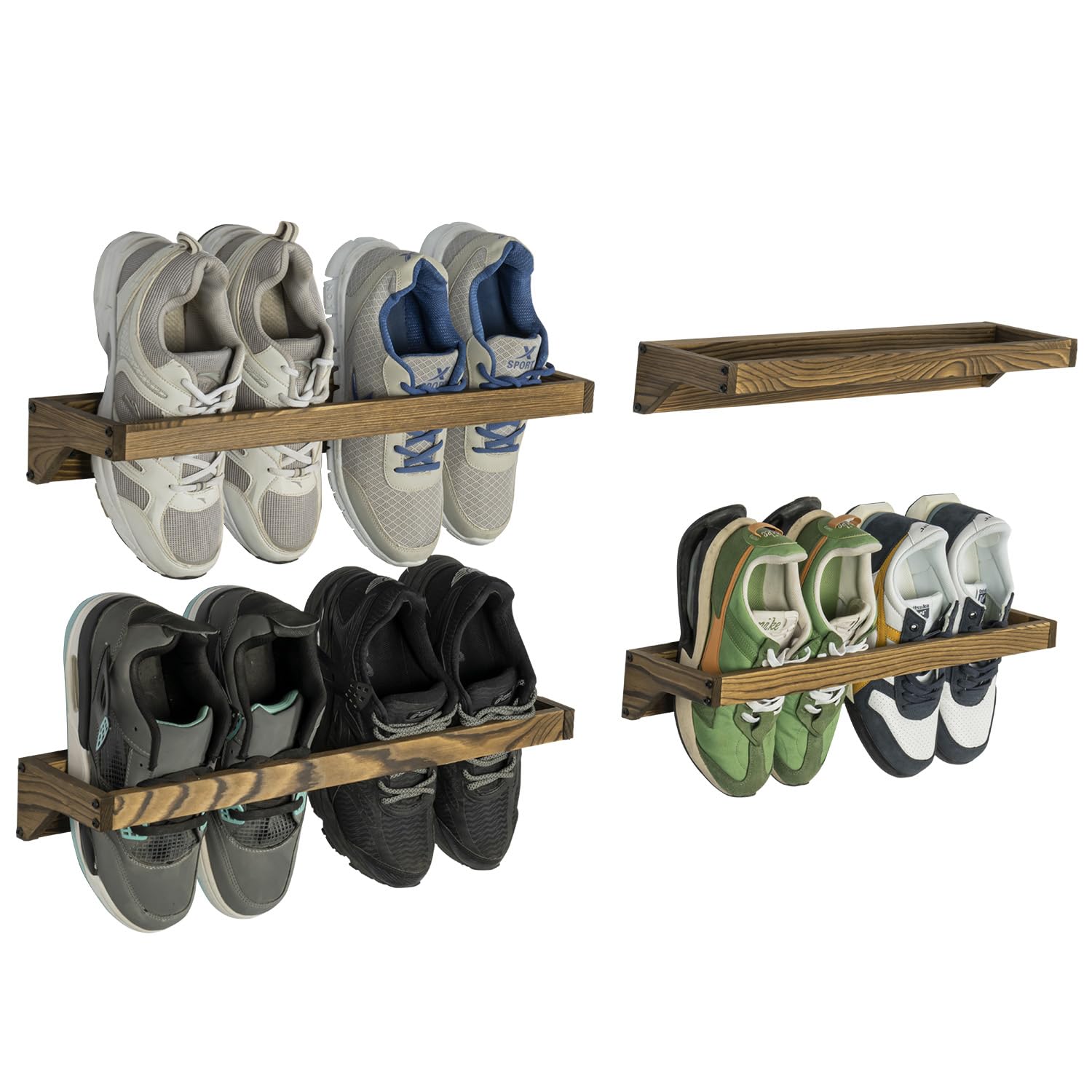 MyGift Set of 4 Rustic Burnt Solid Wood Hanging Shoe Storage Organizer Racks - Wall Mounted Space Saving Footwear Holder for Closet, Mudroom, Entryway - Holds 8 Pairs - Perfect for Small Spaces & Home Organization