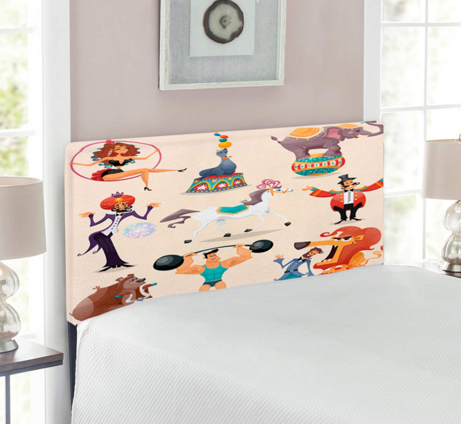 Ambesonne Circus Themed Upholstered Headboard - Colorful Print with Memory Foam, Twin Size Metal Bed Frame for Kids & Teens Room Decor | Perfect for Circus Lovers, Themed Bedrooms & Fun Nursery Designs