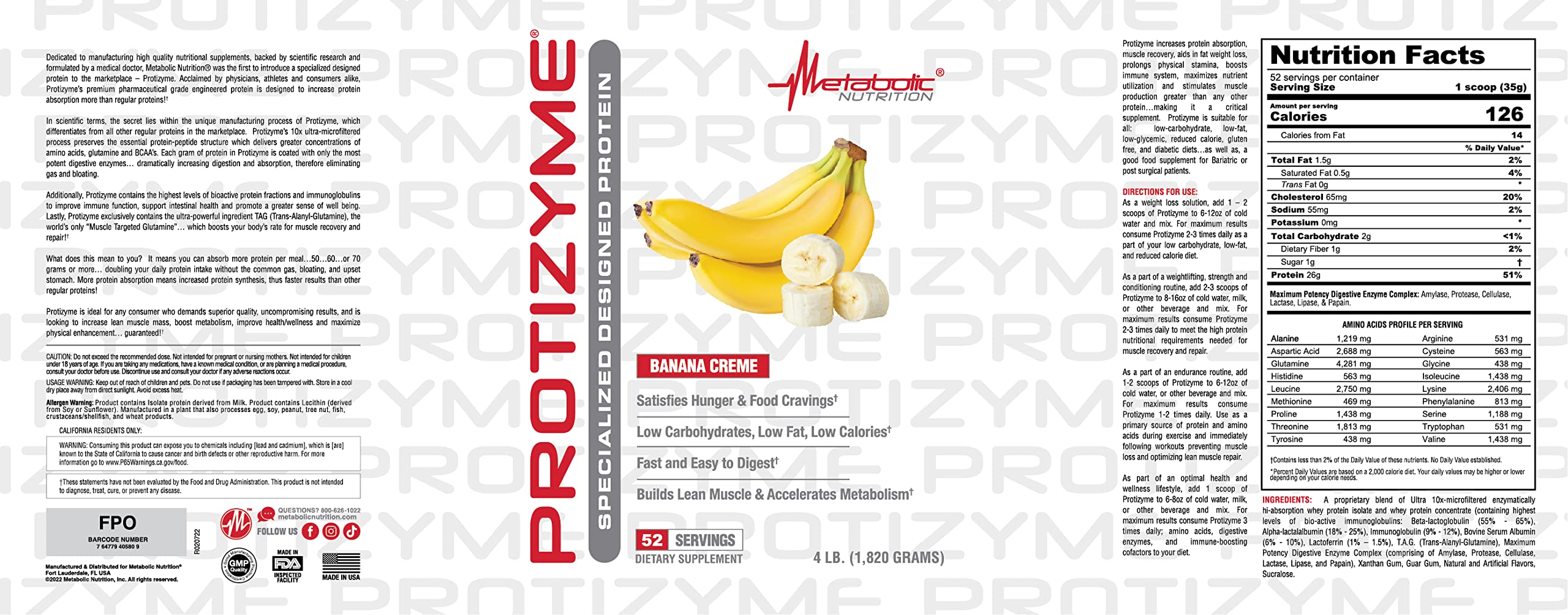 Metabolic Nutrition Protizyme 100% Whey Protein Powder - High Protein, Low Carb & Fat with Digestive Enzymes | 24 Vitamins & Minerals | 4lb (52 Servings) for Muscle Recovery & Post-Workout Nutrition