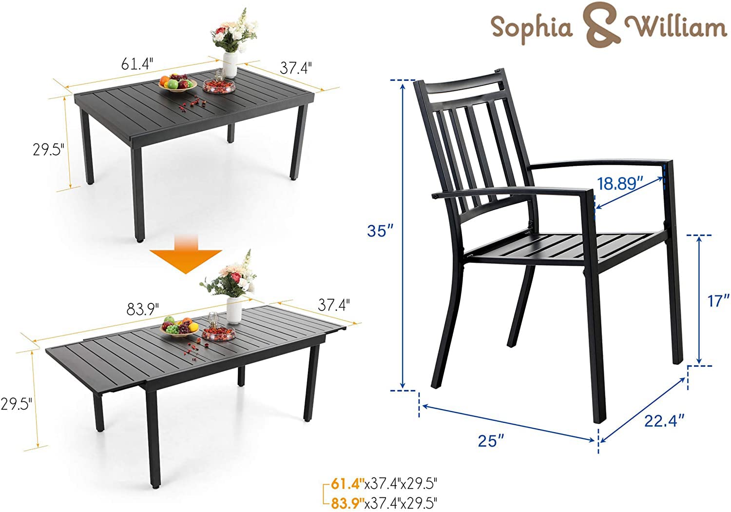 Sophia & William 7-Piece Outdoor Dining Set with 6 Metal Chairs & 1 Expandable Rectangle Table - Modern Patio Furniture for Poolside, Porch, Backyard | Perfect for Outdoor Entertaining, BBQ Parties & Family Gatherings