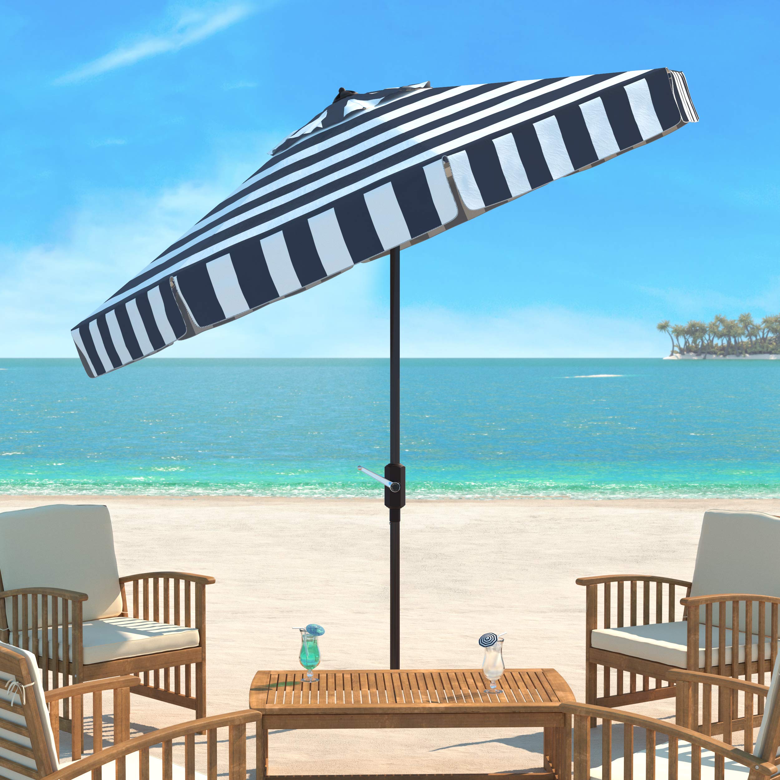 Safavieh PAT8103B 11-Foot Round Outdoor Patio Umbrella - UV Protected, Navy & White Stripes - Perfect for Poolside, Backyard, and Garden Relaxation