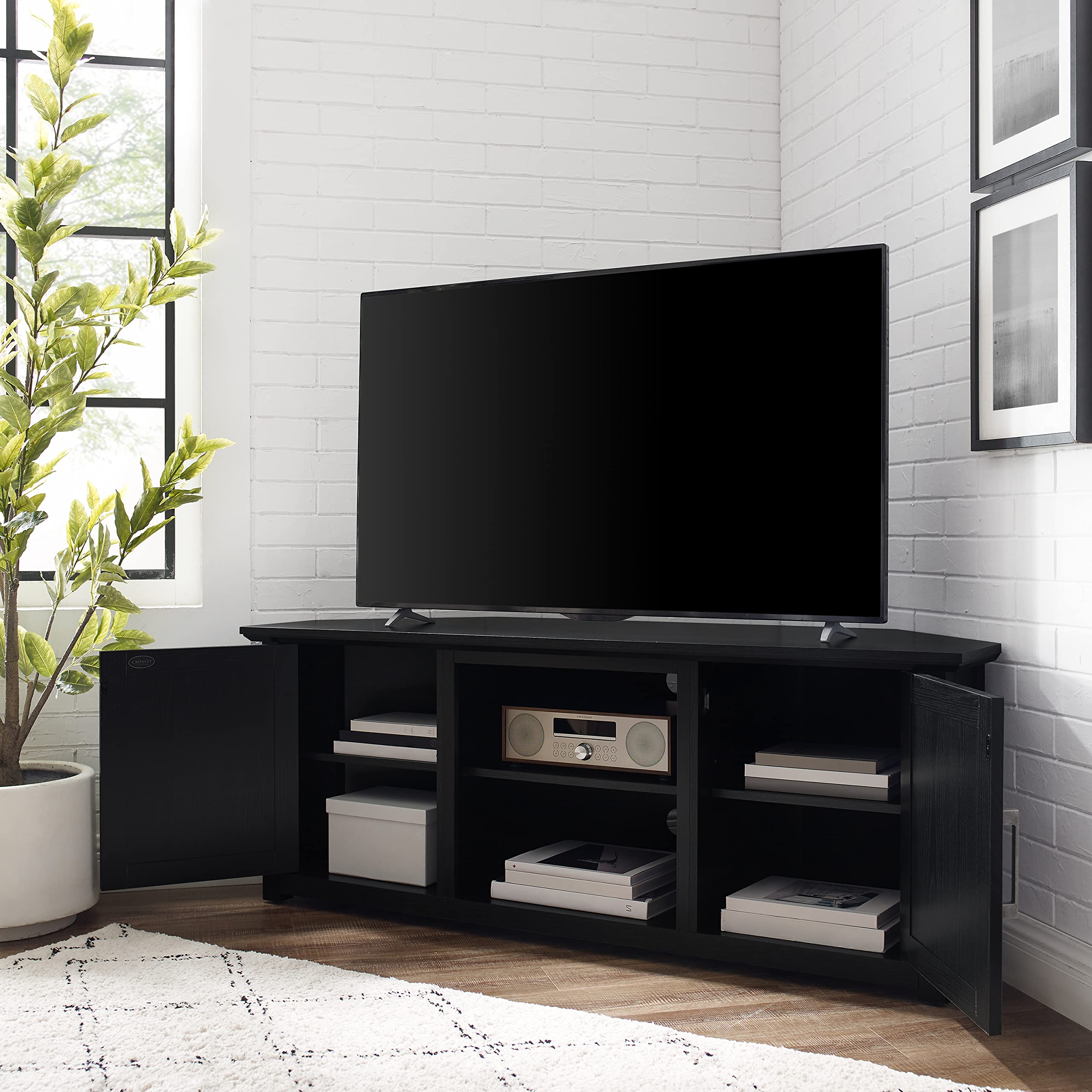 Crosley Camden Corner TV Stand for 65+ Inch TVs - Black Entertainment Center with Storage Shelves | Perfect for Living Room, Bedroom & Home Theater Setup