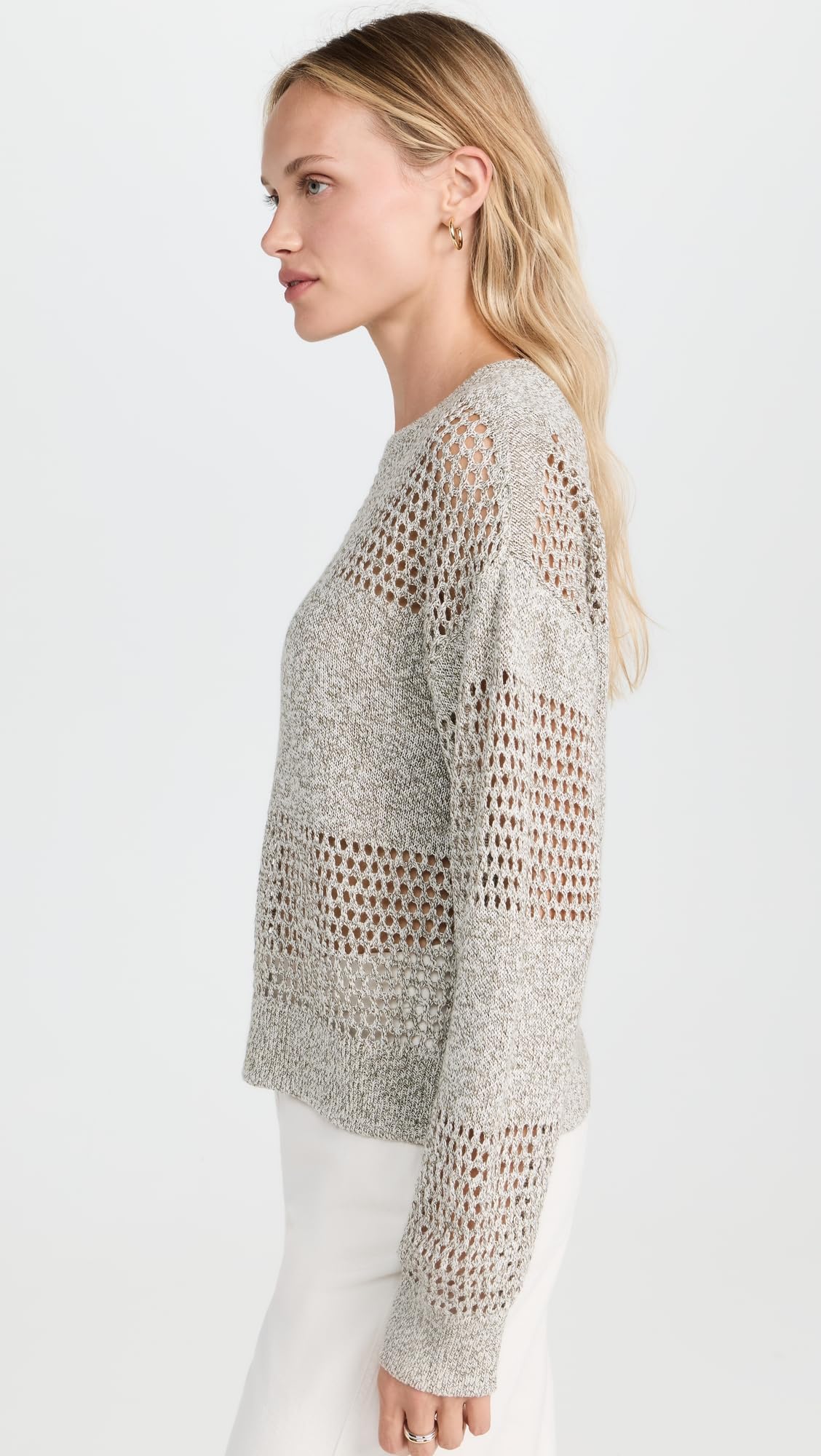 ATM Anthony Thomas Melillo Women's Cotton Linen Blend Open Knit Crew Neck Sweater - Casual Chic Pullover for Fall Layering & Weekend Outfits