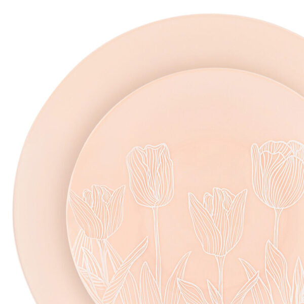 32-Piece Pink and White Tulip Round Plastic Dinnerware Set - BPA-Free, Dishwasher Safe - Perfect for Outdoor Picnics, Birthday Parties, and Family Gatherings (16 Servings)
