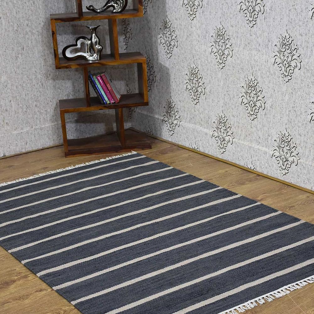 Handmade Wool Kilim Area Rugs 5'x8' - Eco-Friendly Flat Weave Carpet in Charcoal Cream | Contemporary Low Pile Living Room Rug | Durable Hand-Woven Design for Bedroom, Dining Area & Home Decor (D00116)